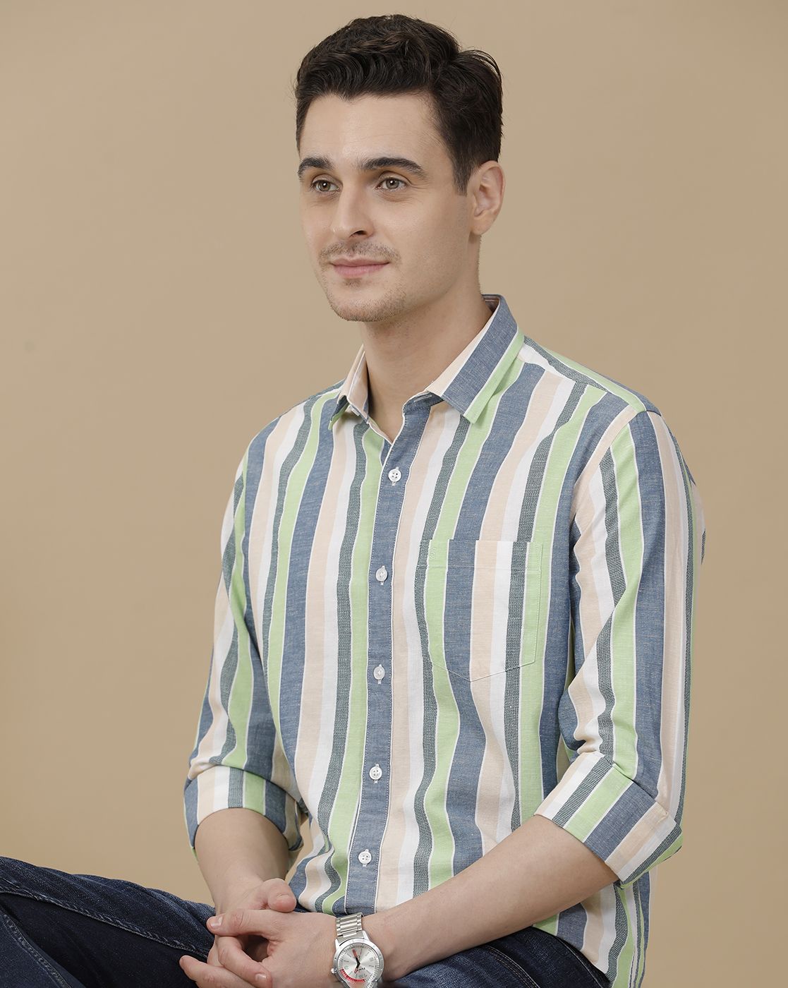 CAVALLO by Linen Club Men's Blended Linen Green Striped Contemporary Fit Full Sleeve Casual Shirt