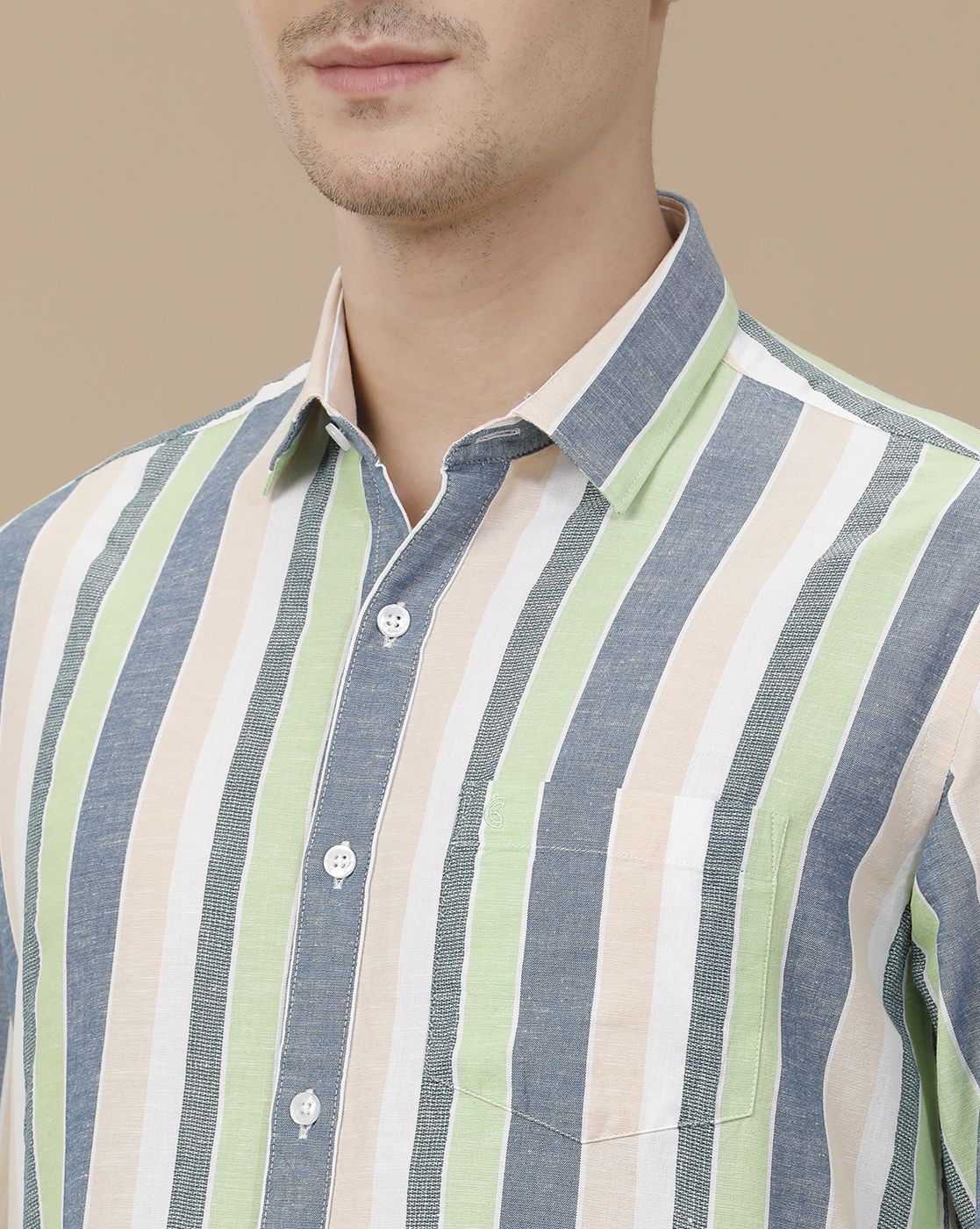 CAVALLO by Linen Club Men's Blended Linen Green Striped Contemporary Fit Full Sleeve Casual Shirt