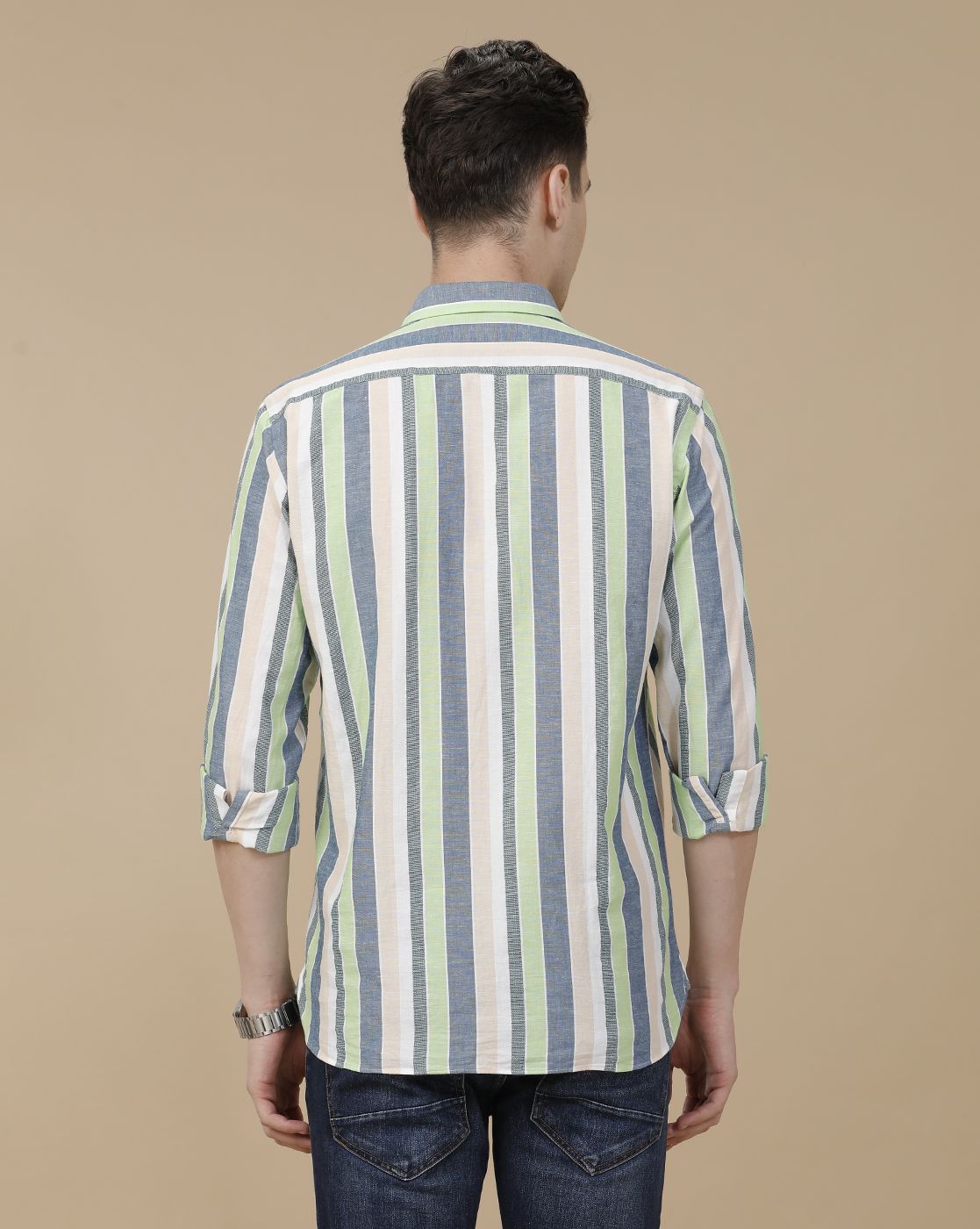 CAVALLO by Linen Club Men's Blended Linen Green Striped Contemporary Fit Full Sleeve Casual Shirt