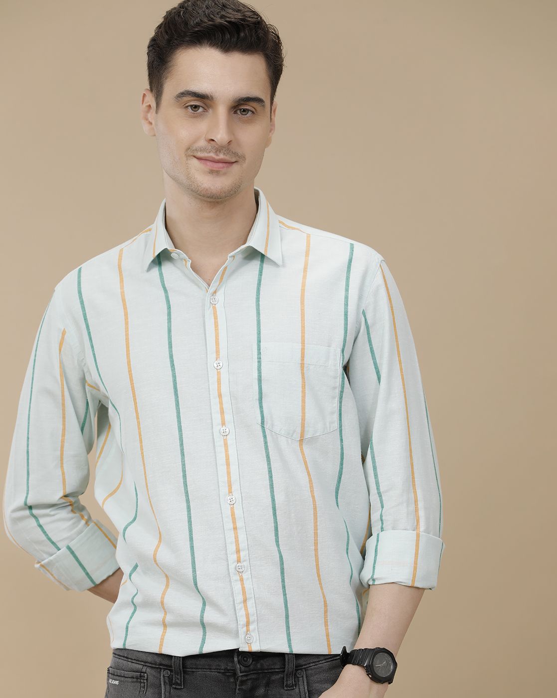 CAVALLO by Linen Club Men's Blended Linen Blue Striped Contemporary Fit Full Sleeve Casual Shirt