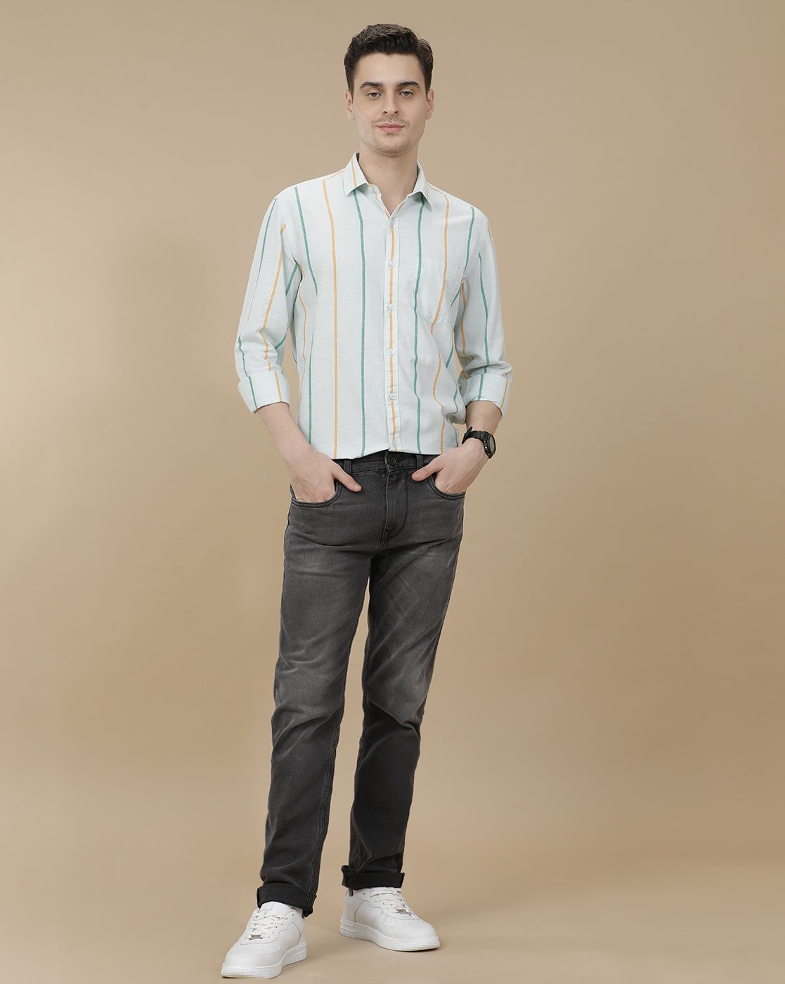 CAVALLO by Linen Club Men's Blended Linen Blue Striped Contemporary Fit Full Sleeve Casual Shirt