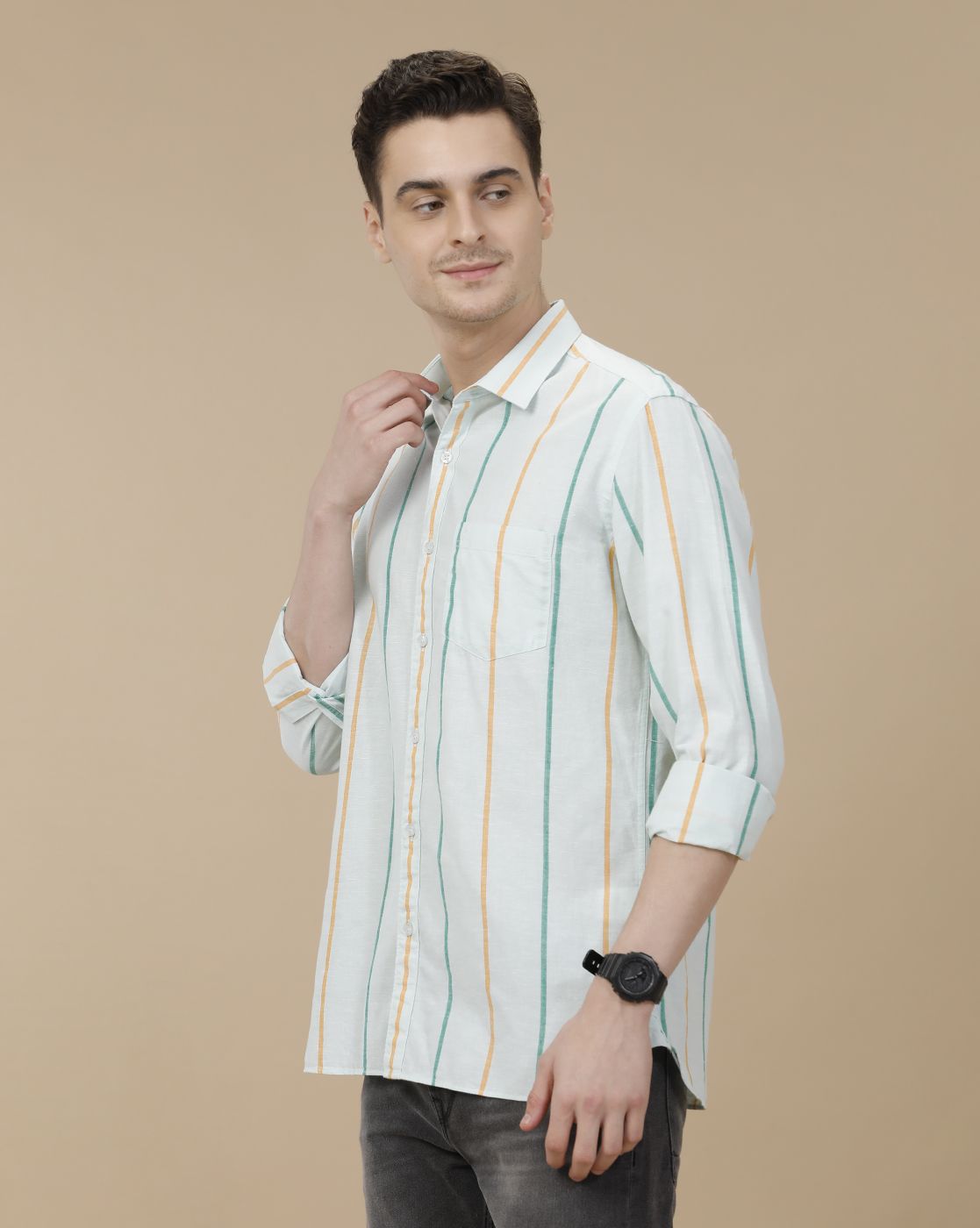 CAVALLO by Linen Club Men's Blended Linen Blue Striped Contemporary Fit Full Sleeve Casual Shirt