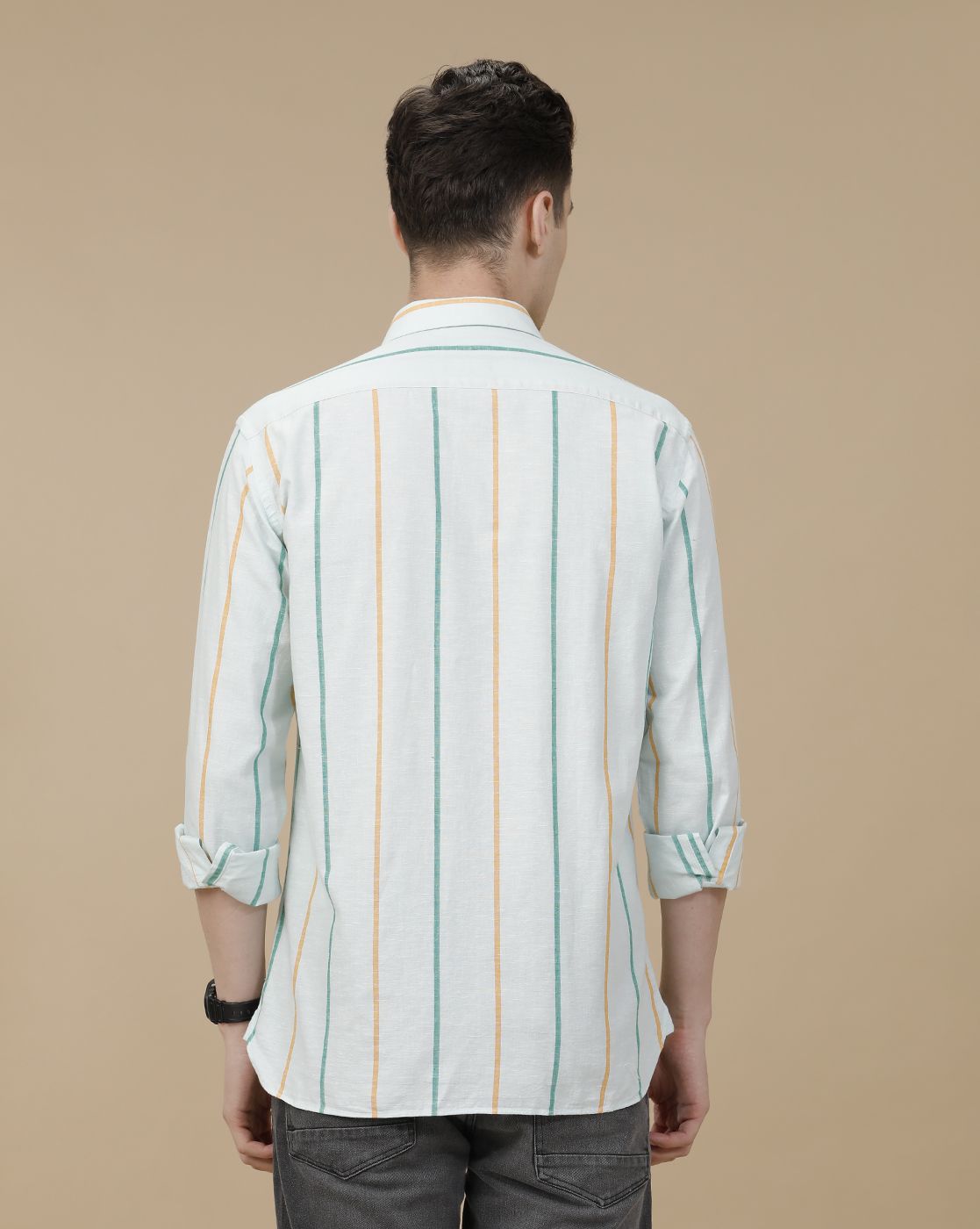 CAVALLO by Linen Club Men's Blended Linen Blue Striped Contemporary Fit Full Sleeve Casual Shirt