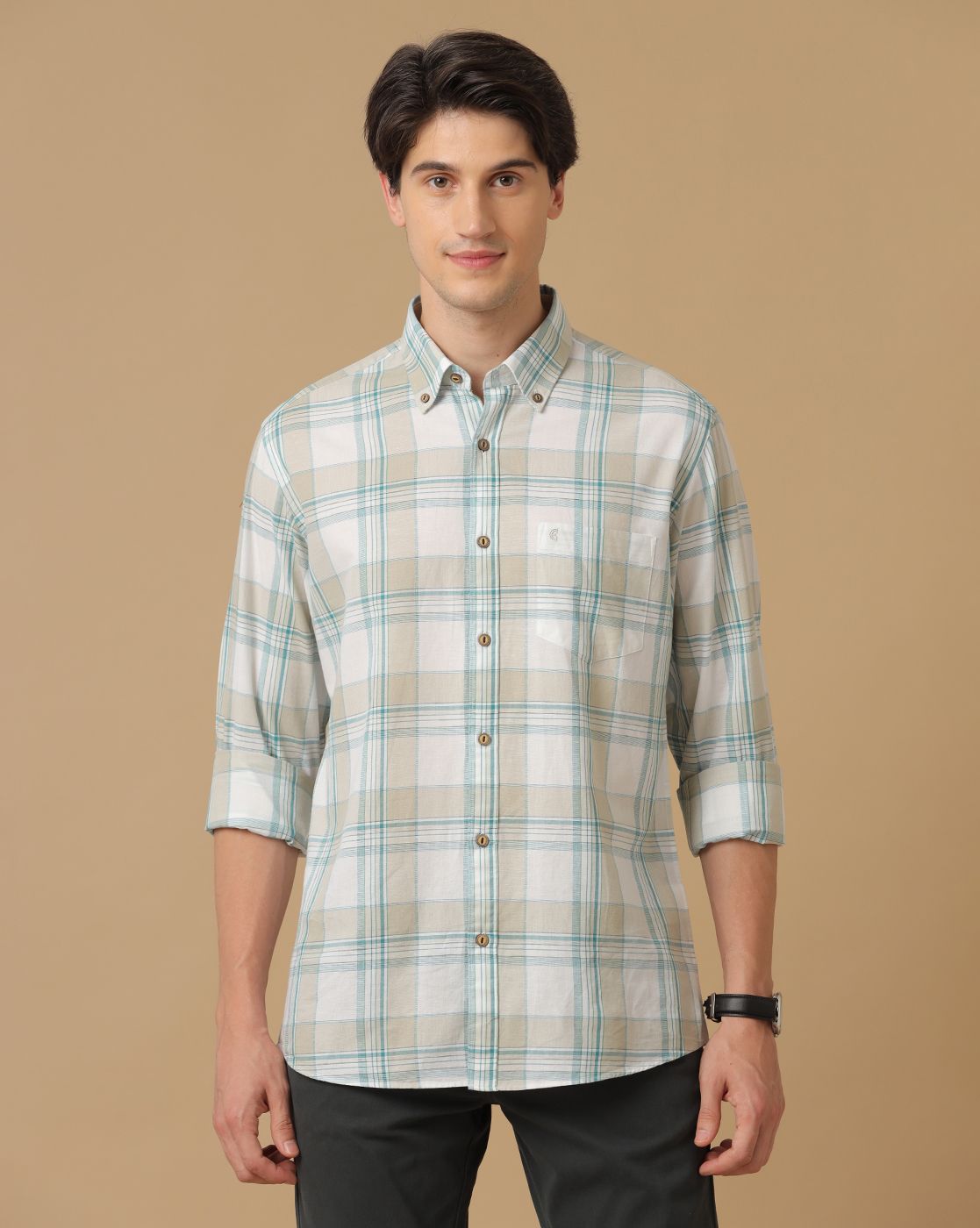 Men's Blended Linen Multicolor Checked Contemporary Fit Full Sleeve Casual Shirt