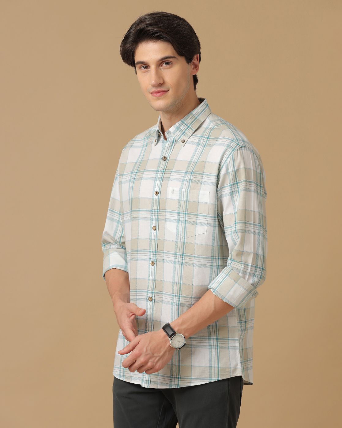 Men's Blended Linen Multicolor Checked Contemporary Fit Full Sleeve Casual Shirt