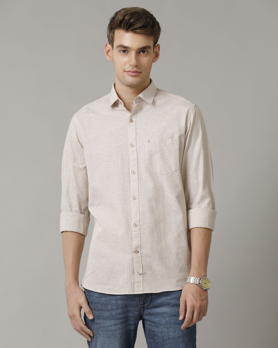 Men's Blended Linen Brown Striped Contemporary Fit Full Sleeve Casual Shirt