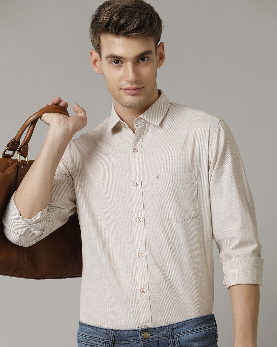 Men's Blended Linen Brown Striped Contemporary Fit Full Sleeve Casual Shirt