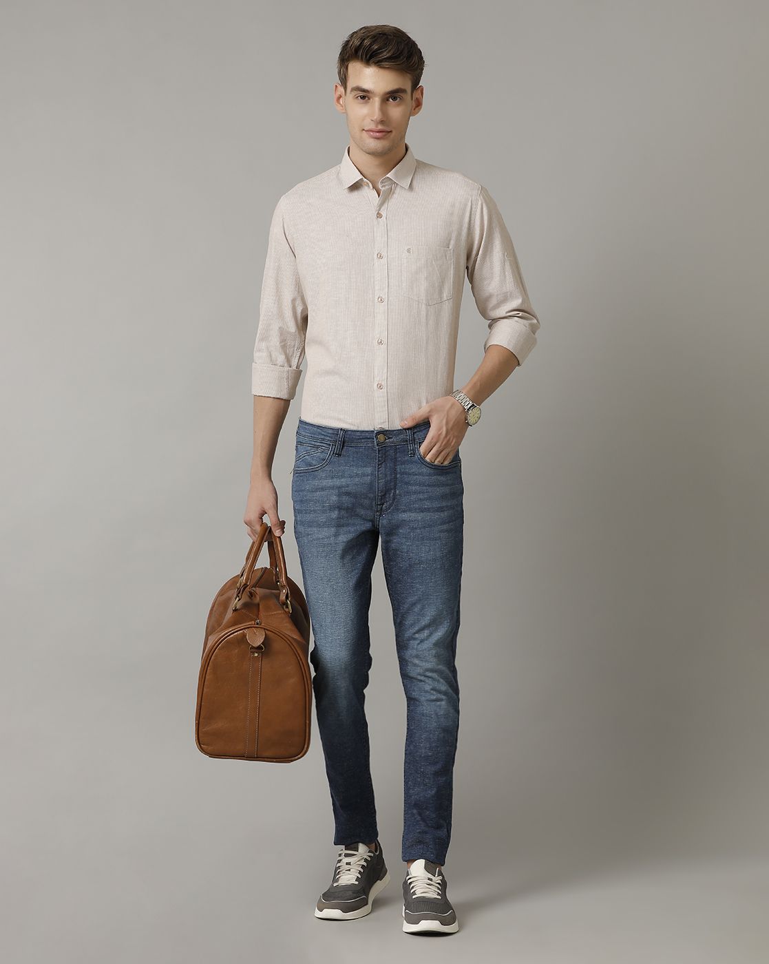 Men's Blended Linen Brown Striped Contemporary Fit Full Sleeve Casual Shirt