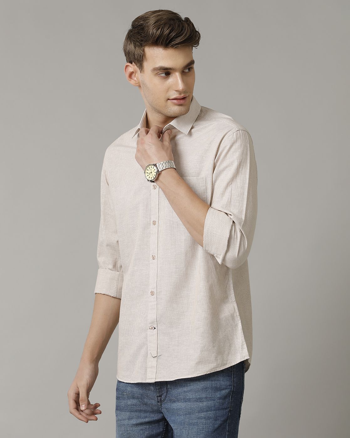 Men's Blended Linen Brown Striped Contemporary Fit Full Sleeve Casual Shirt