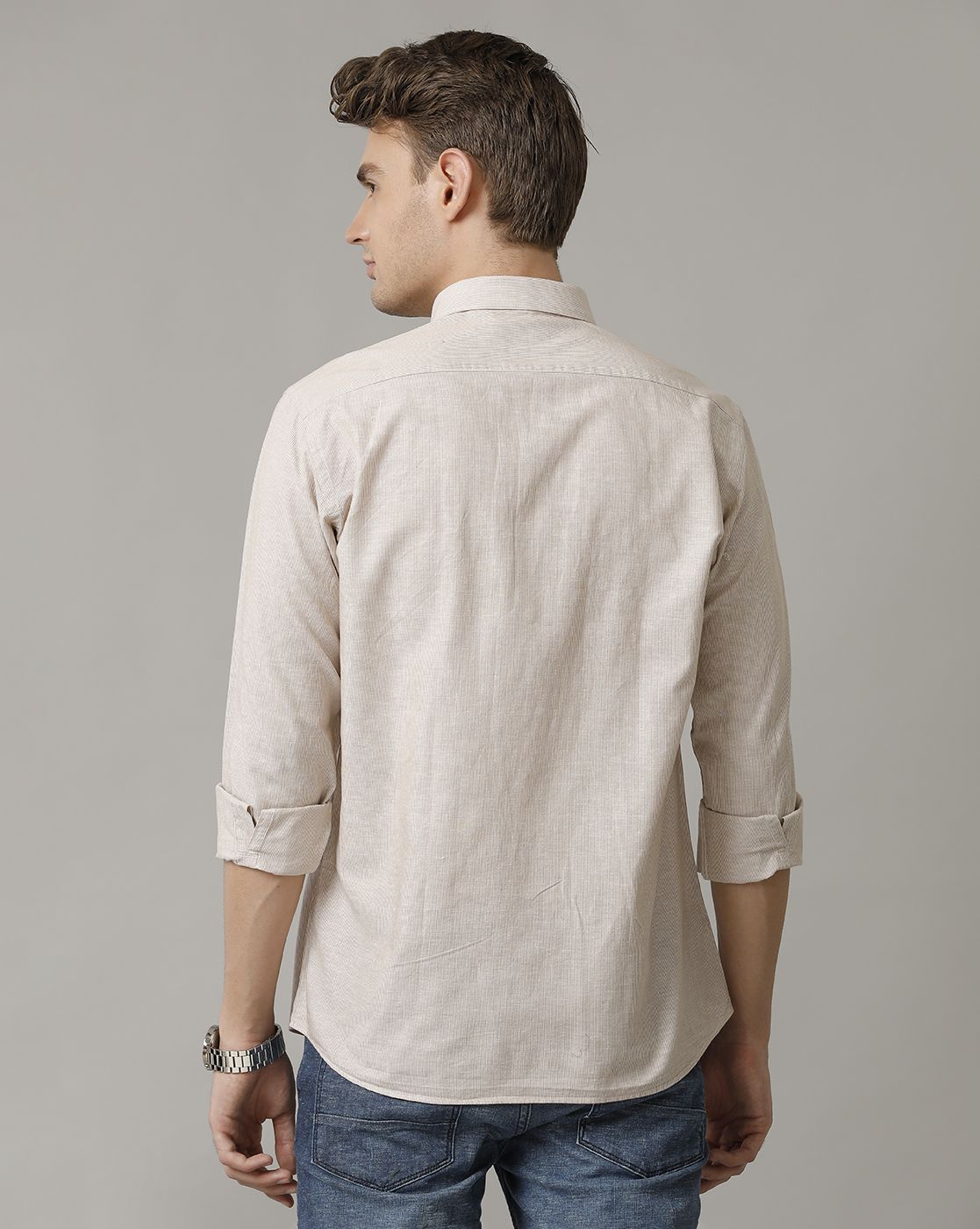 Men's Blended Linen Brown Striped Contemporary Fit Full Sleeve Casual Shirt