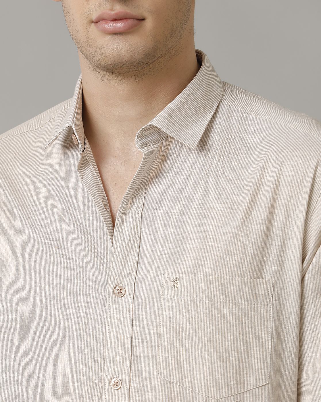 Men's Blended Linen Brown Striped Contemporary Fit Full Sleeve Casual Shirt