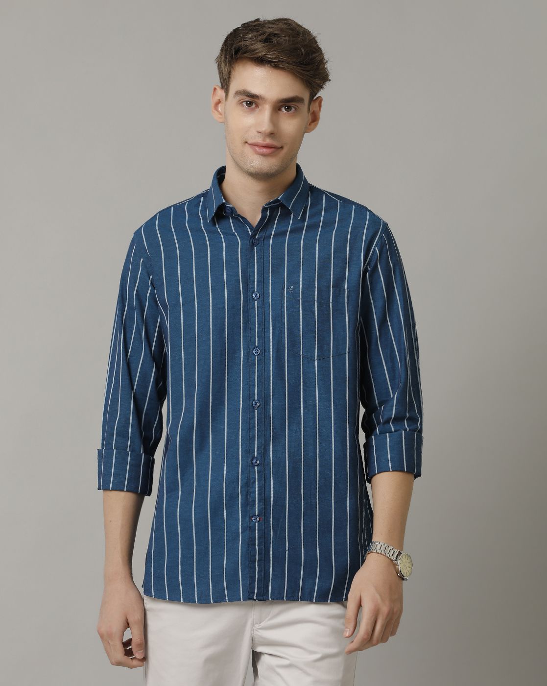 Cavallo By Linen Club Men's Blue Striped Contemporary Fit Full Sleeve Casual Shirt