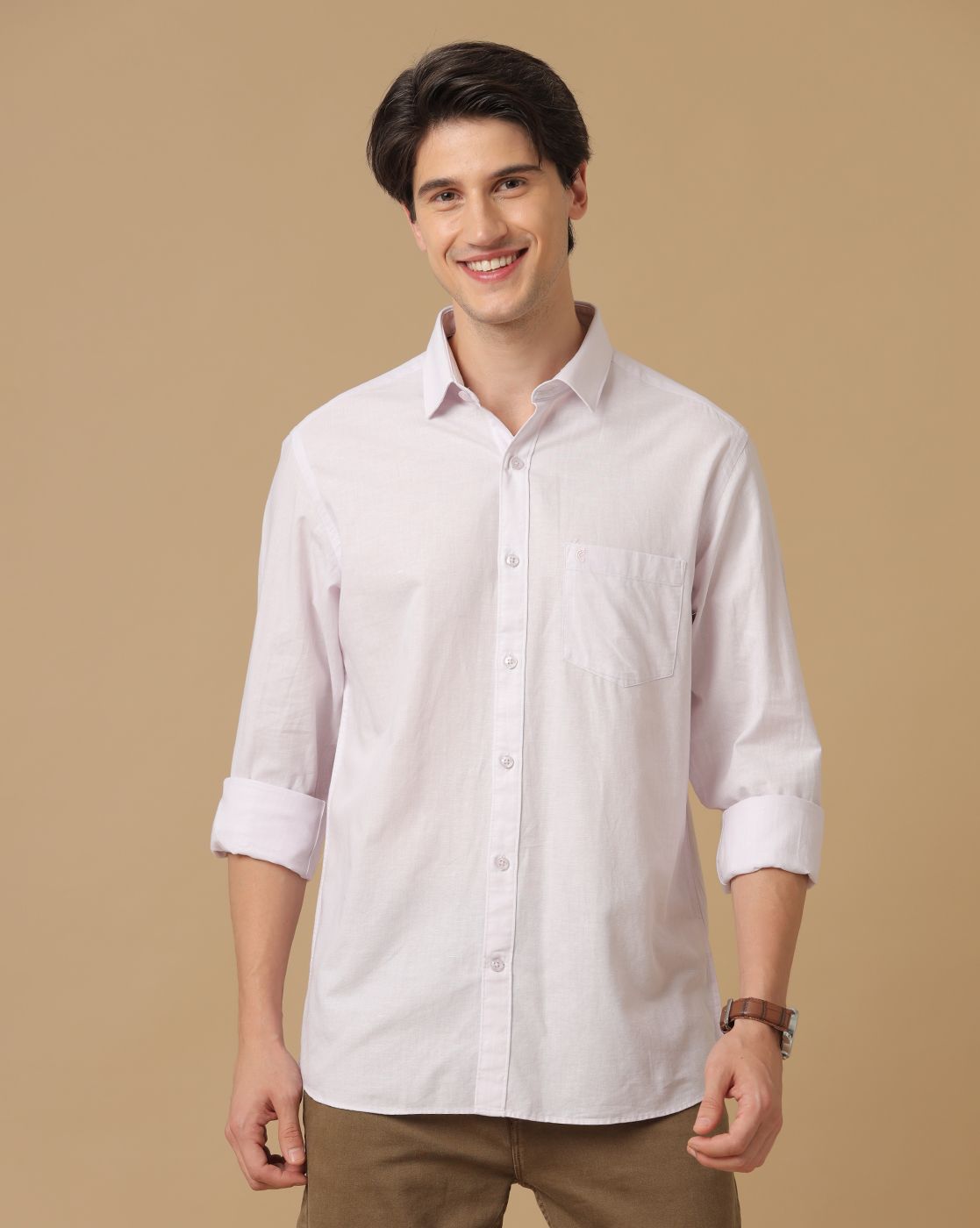 Men's Blended Linen White Striped Contemporary Fit Full Sleeve Casual Shirt