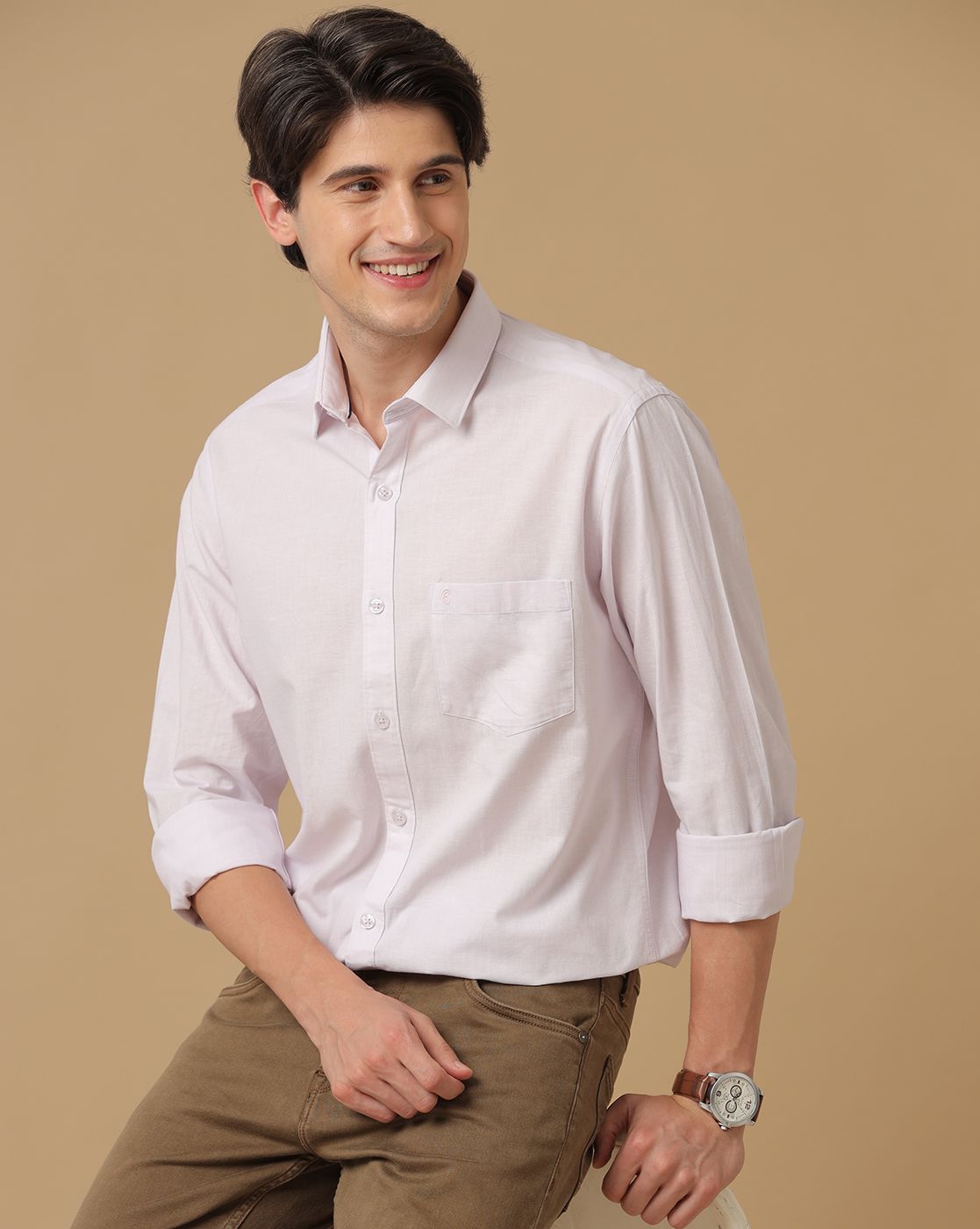 Men's Blended Linen White Striped Contemporary Fit Full Sleeve Casual Shirt