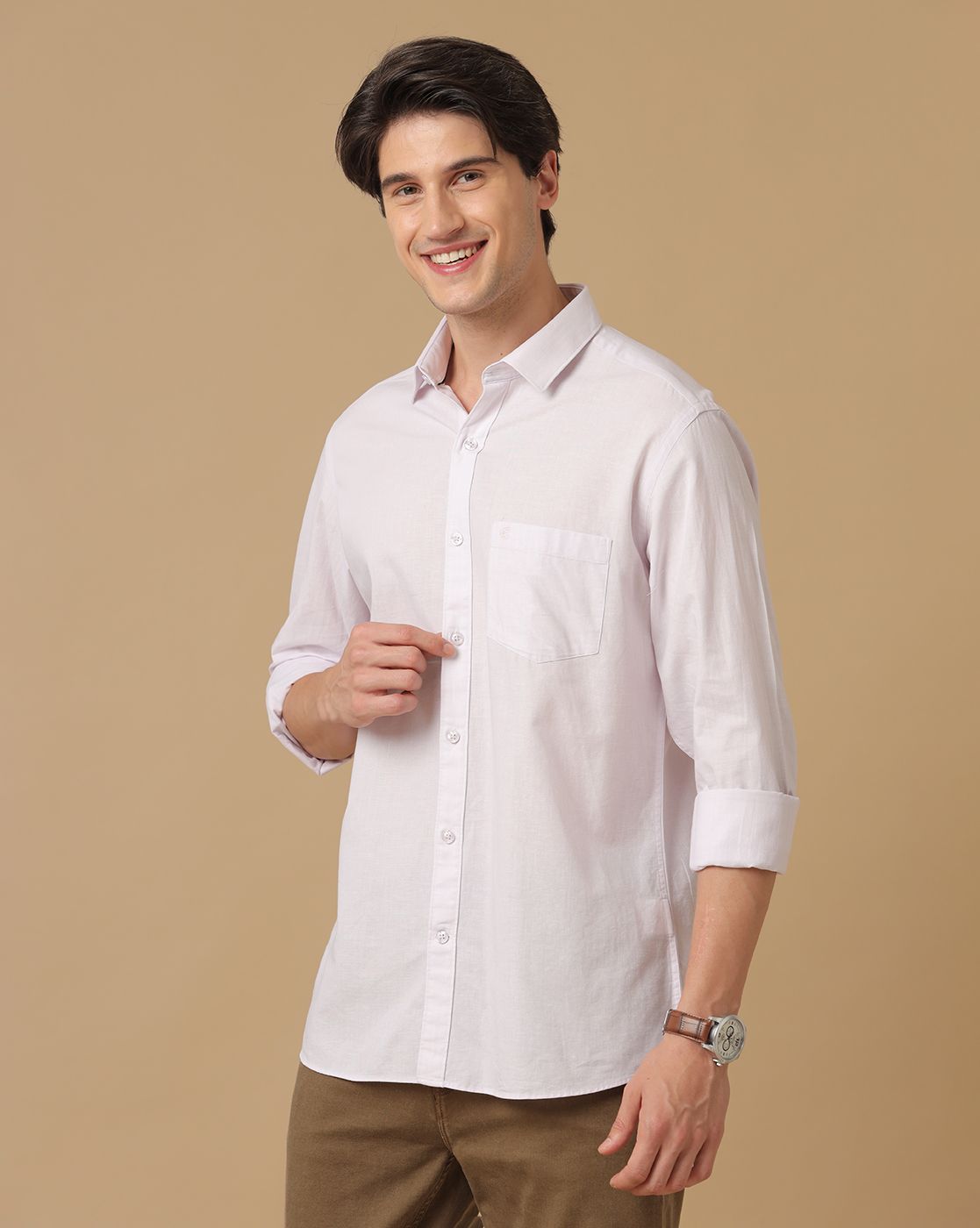 Men's Blended Linen White Striped Contemporary Fit Full Sleeve Casual Shirt