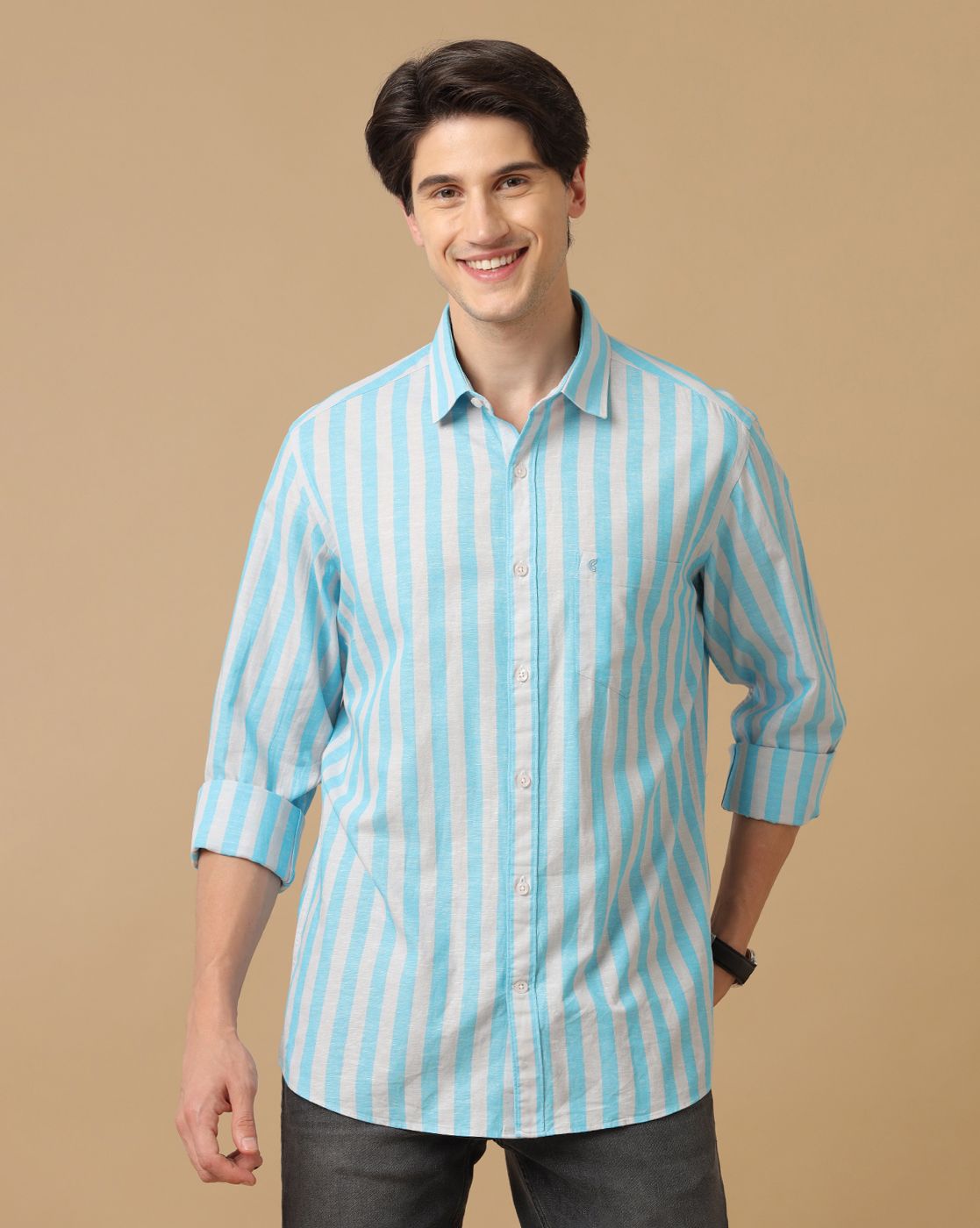 Men's Blended Linen Blue Striped Contemporary Fit Full Sleeve Casual Shirt