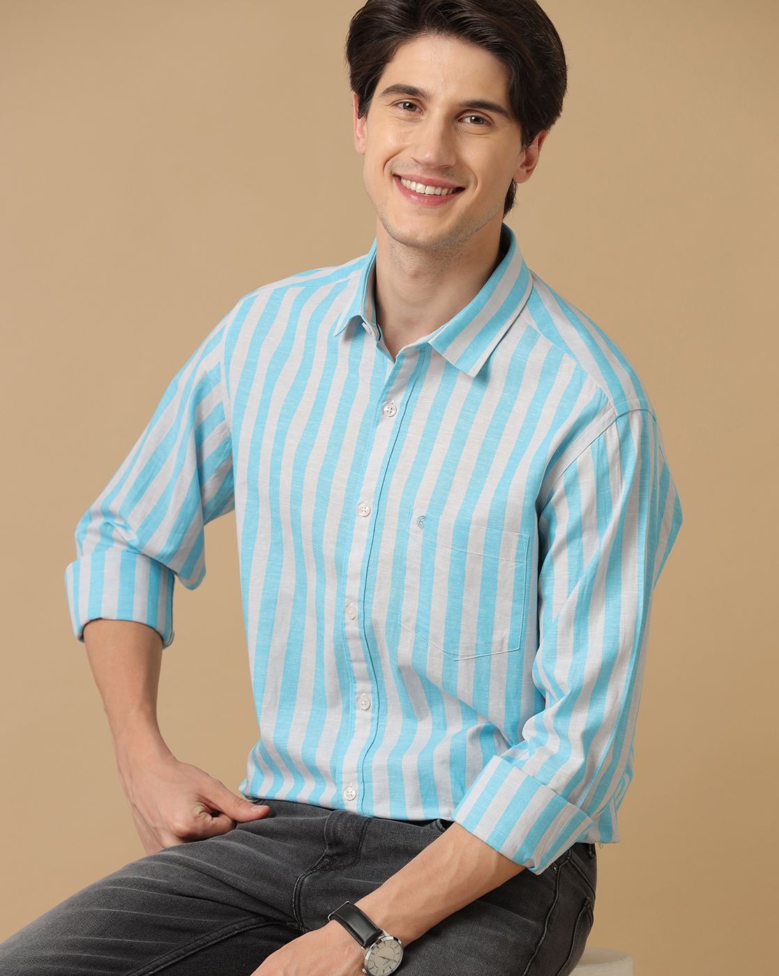 Men's Blended Linen Blue Striped Contemporary Fit Full Sleeve Casual Shirt
