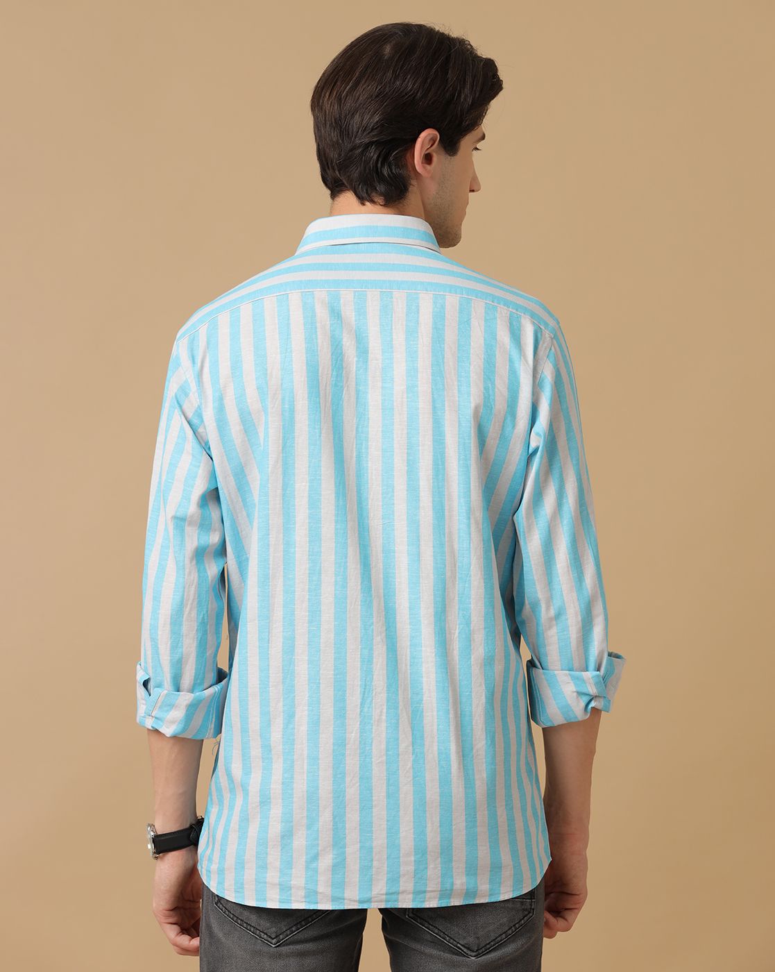 Men's Blended Linen Blue Striped Contemporary Fit Full Sleeve Casual Shirt