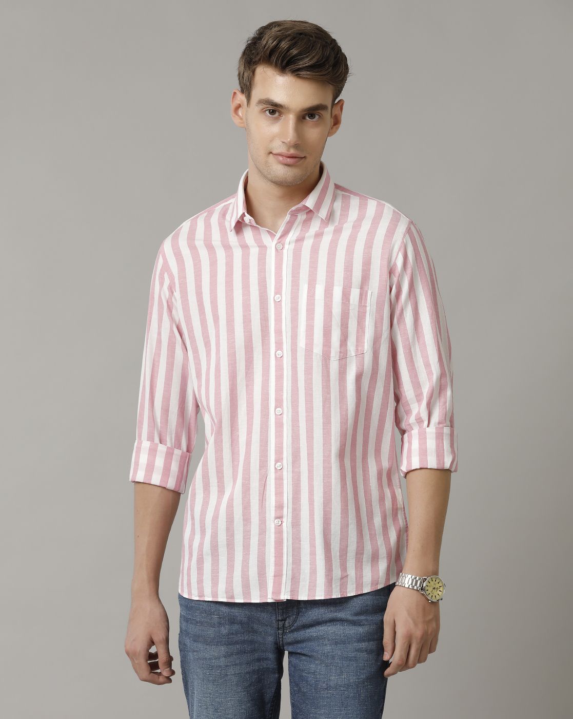 Men's Blended Linen Pink Striped Contemporary Fit Full Sleeve Sleeve Casual Shirt