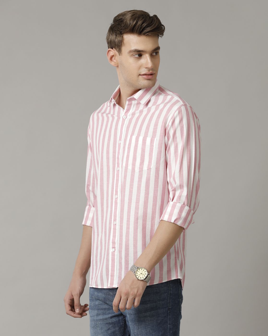 Men's Blended Linen Pink Striped Contemporary Fit Full Sleeve Sleeve Casual Shirt