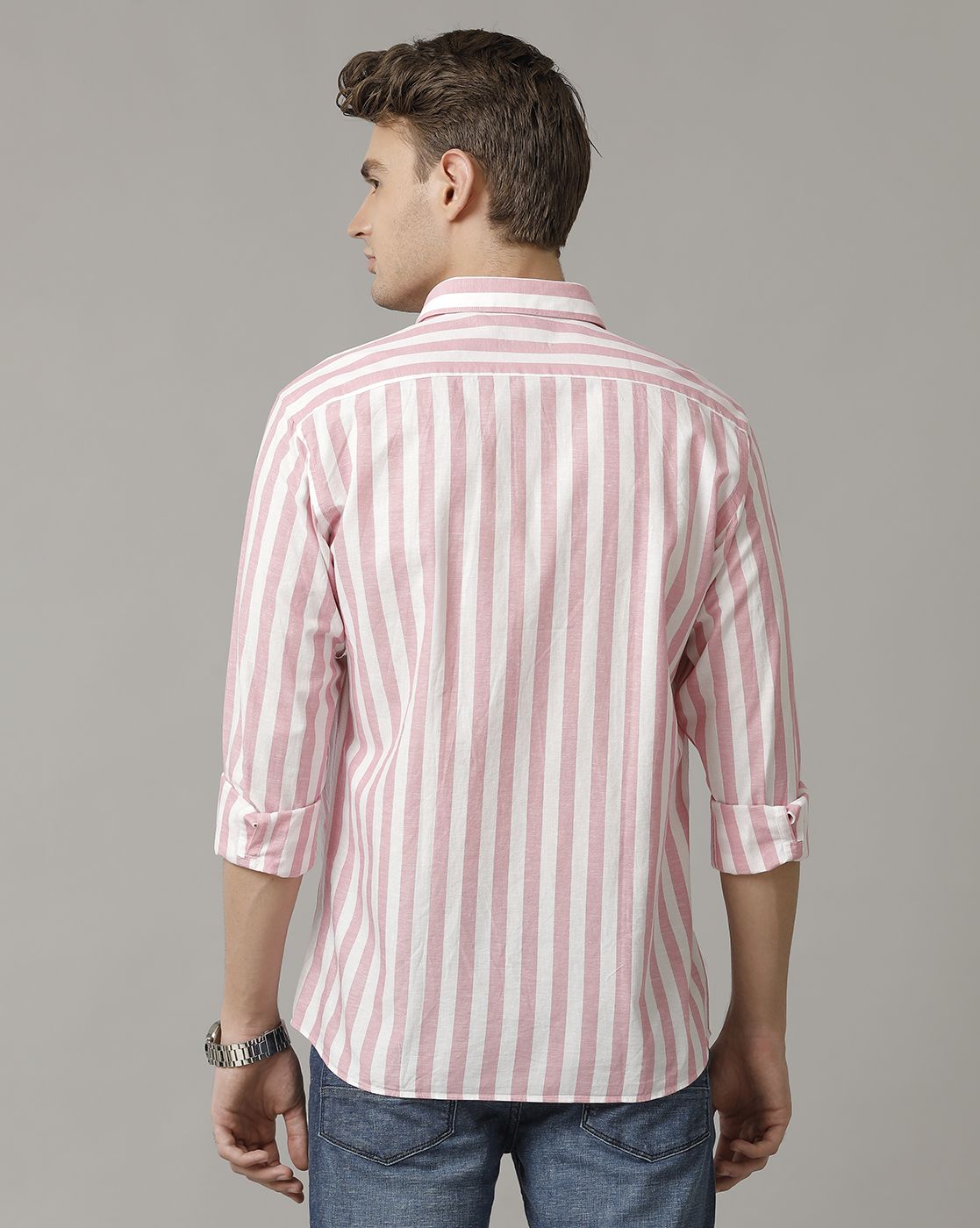 Men's Blended Linen Pink Striped Contemporary Fit Full Sleeve Sleeve Casual Shirt