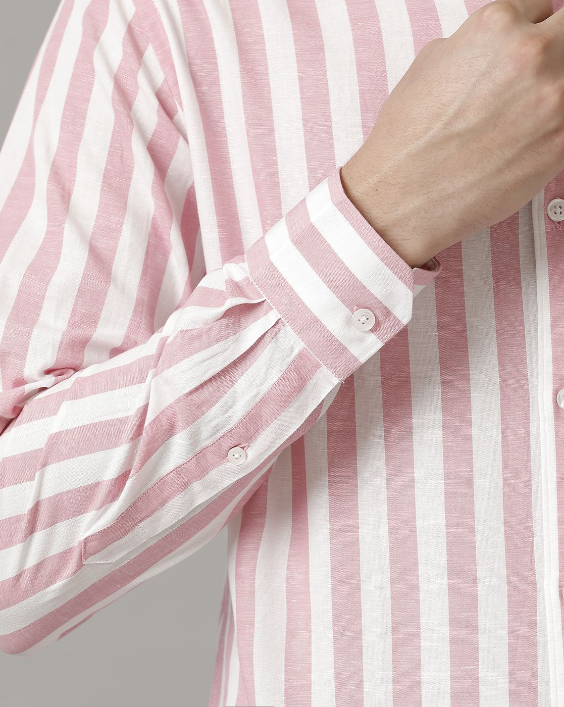 Men's Blended Linen Pink Striped Contemporary Fit Full Sleeve Sleeve Casual Shirt