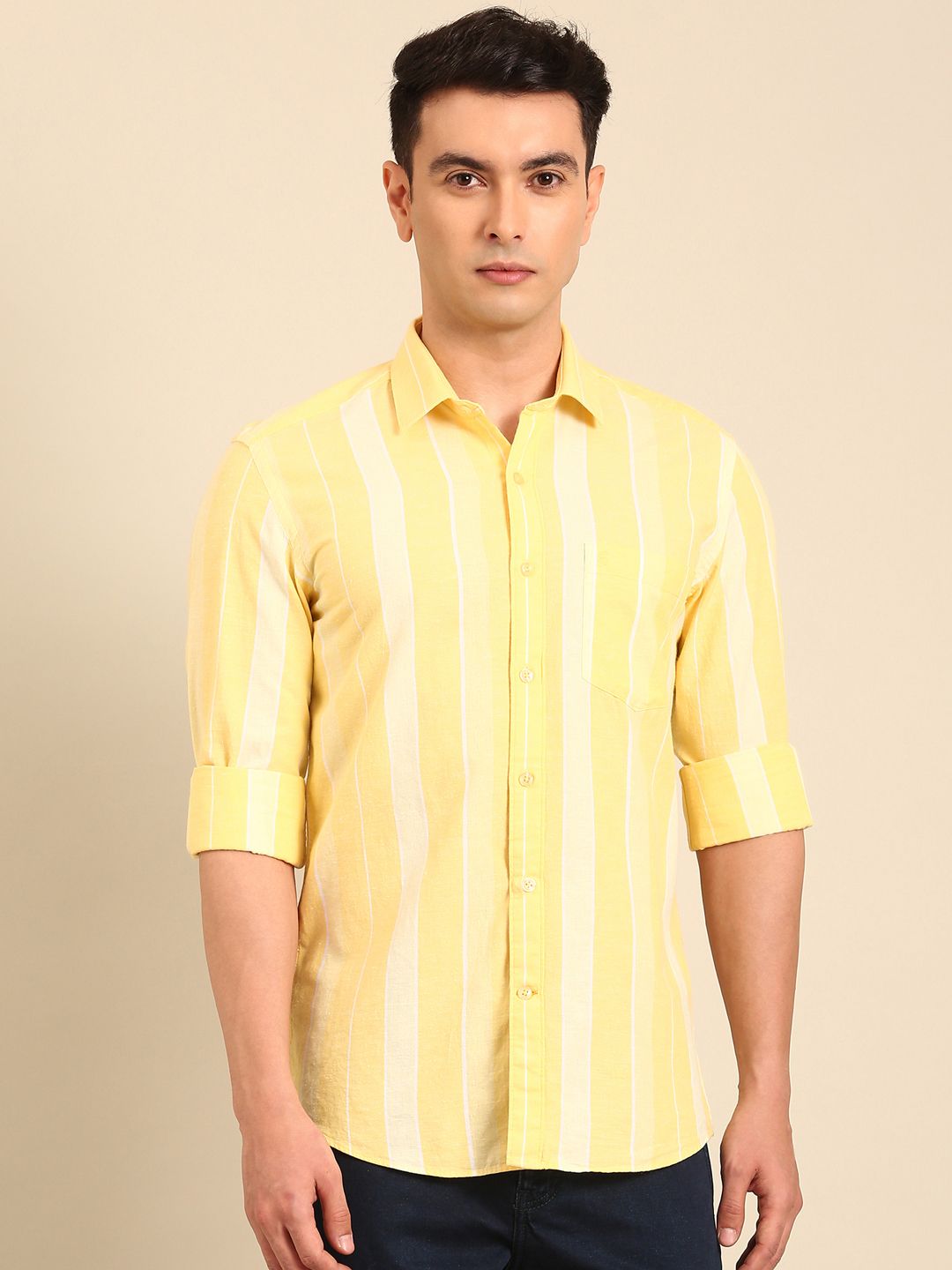 CAVALLO by Linen Club Men's Blended Linen Yellow Striped Contemporary Fit Full Sleeve Casual Shirt