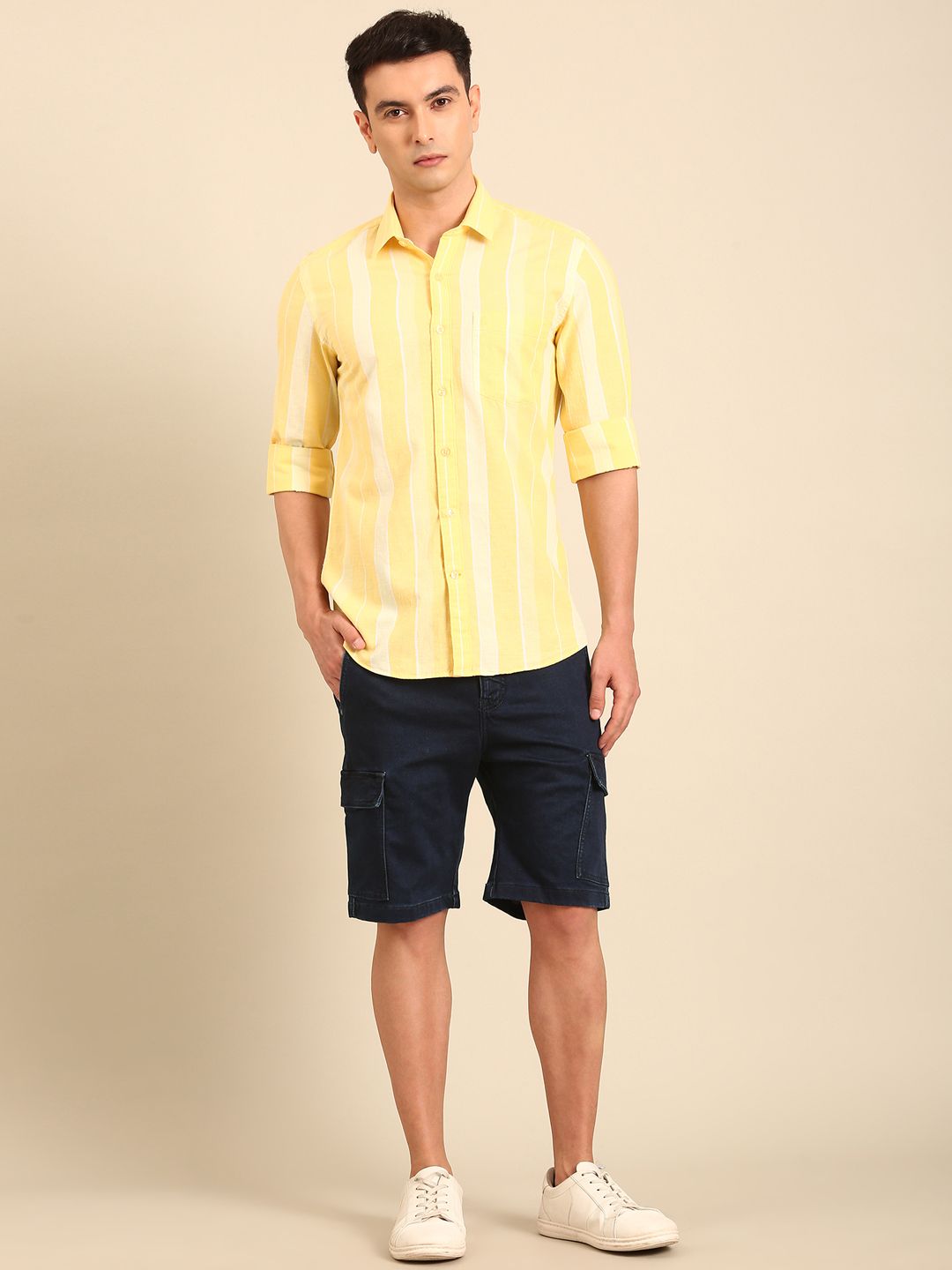 CAVALLO by Linen Club Men's Blended Linen Yellow Striped Contemporary Fit Full Sleeve Casual Shirt