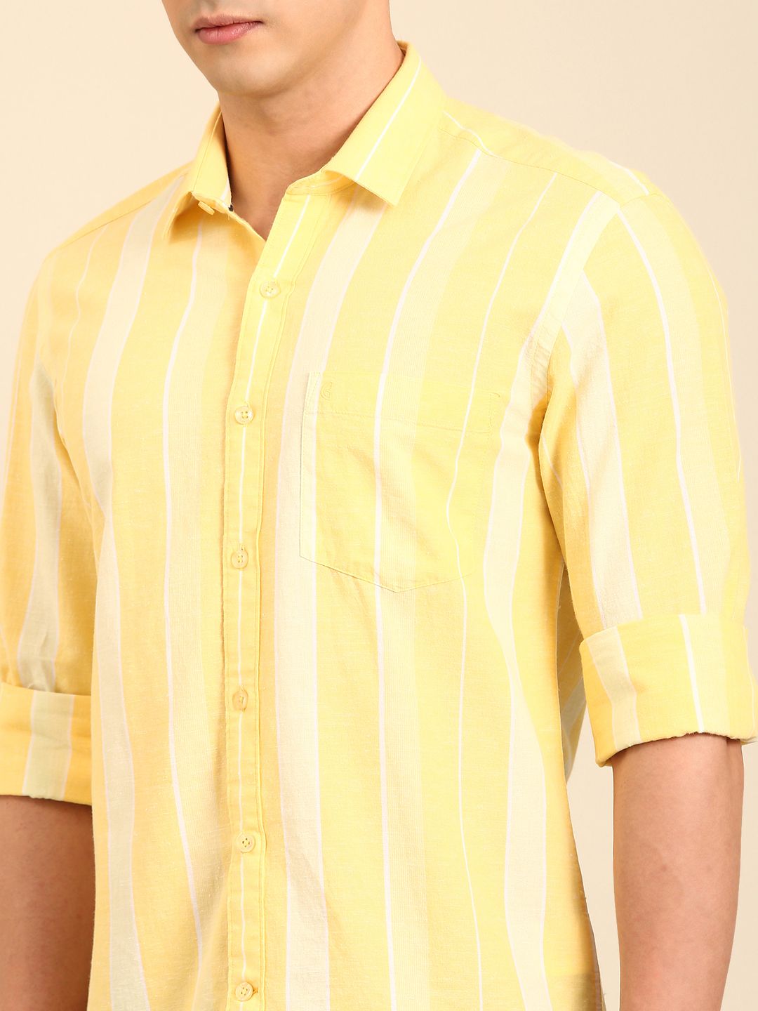 CAVALLO by Linen Club Men's Blended Linen Yellow Striped Contemporary Fit Full Sleeve Casual Shirt