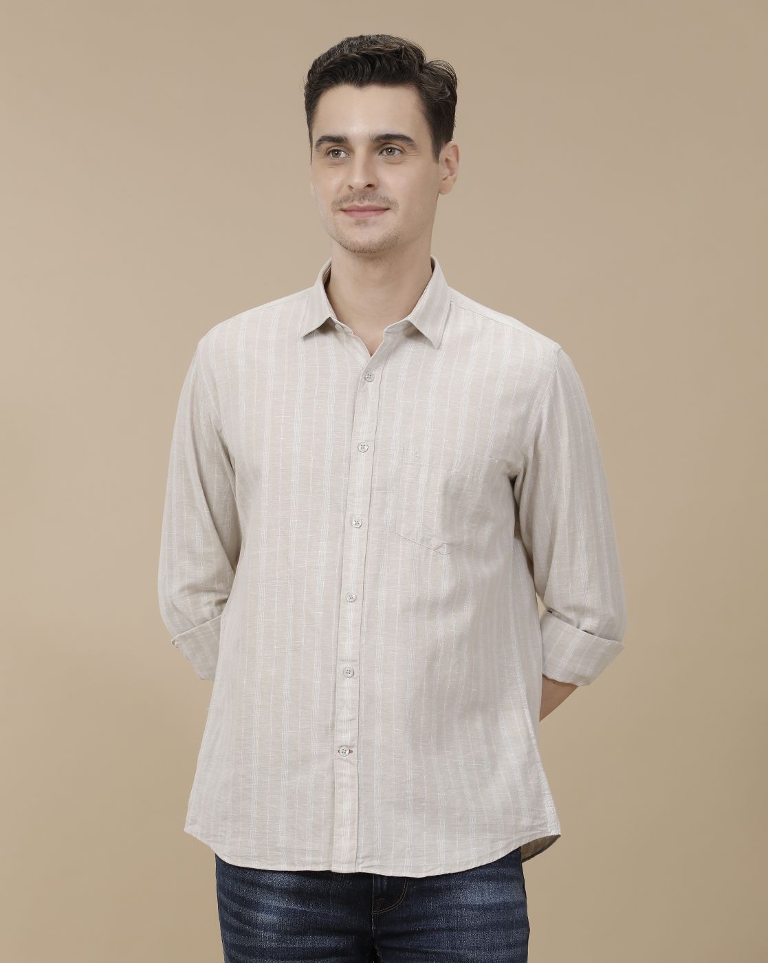 CAVALLO by Linen Club Men's Blended Linen Beige Striped Contemporary Fit Full Sleeve Casual Shirt