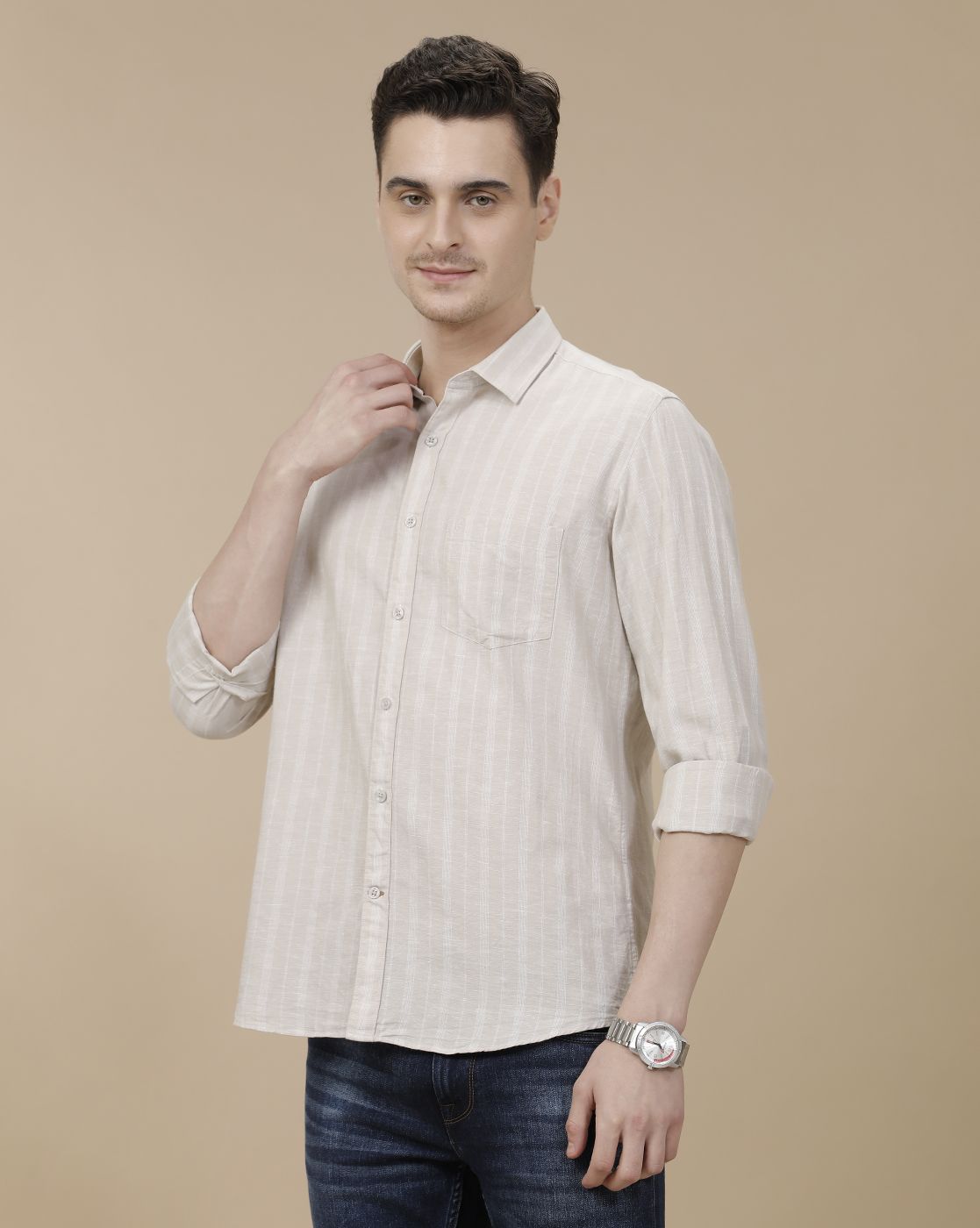 CAVALLO by Linen Club Men's Blended Linen Beige Striped Contemporary Fit Full Sleeve Casual Shirt