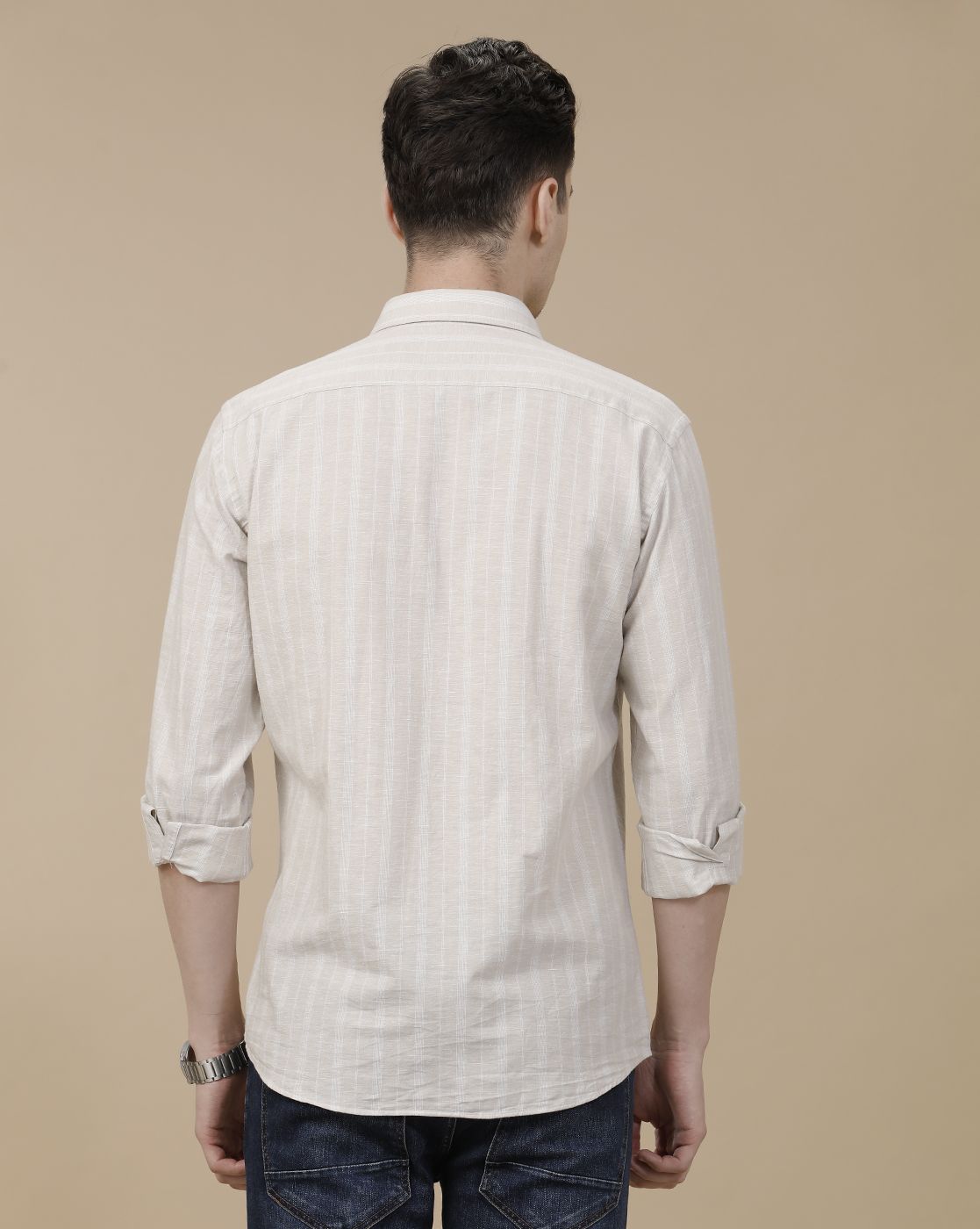 CAVALLO by Linen Club Men's Blended Linen Beige Striped Contemporary Fit Full Sleeve Casual Shirt