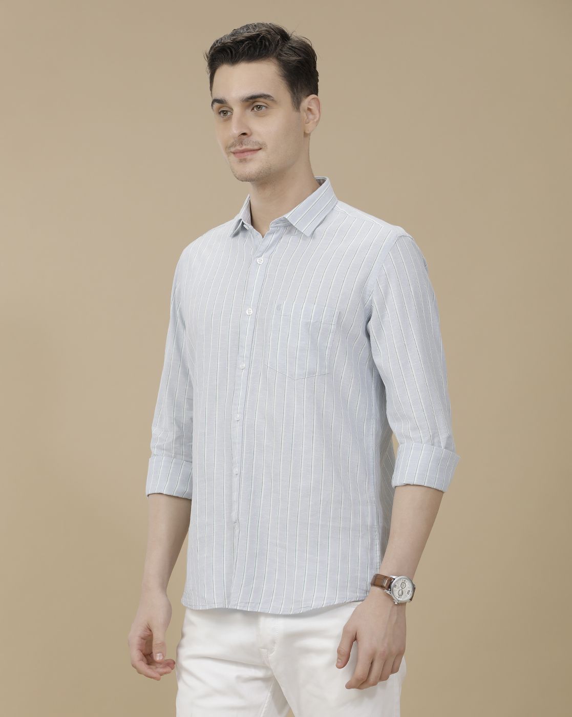 CAVALLO by Linen Club Men's Blended Linen Blue Striped Contemporary Fit Full Sleeve Casual Shirt