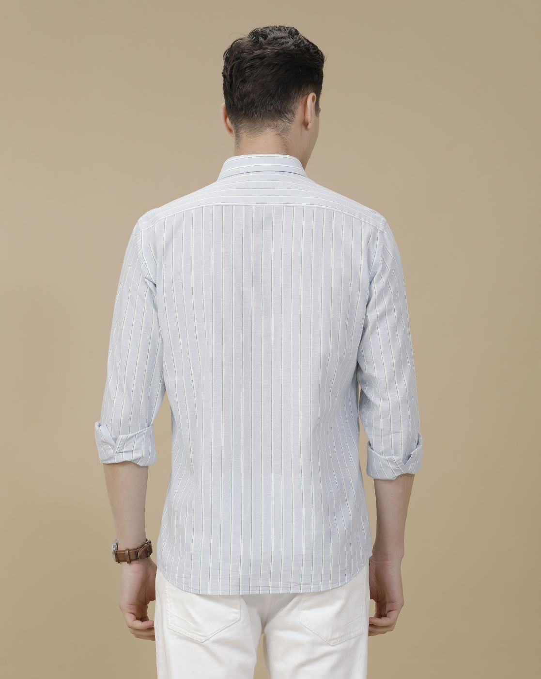 CAVALLO by Linen Club Men's Blended Linen Blue Striped Contemporary Fit Full Sleeve Casual Shirt