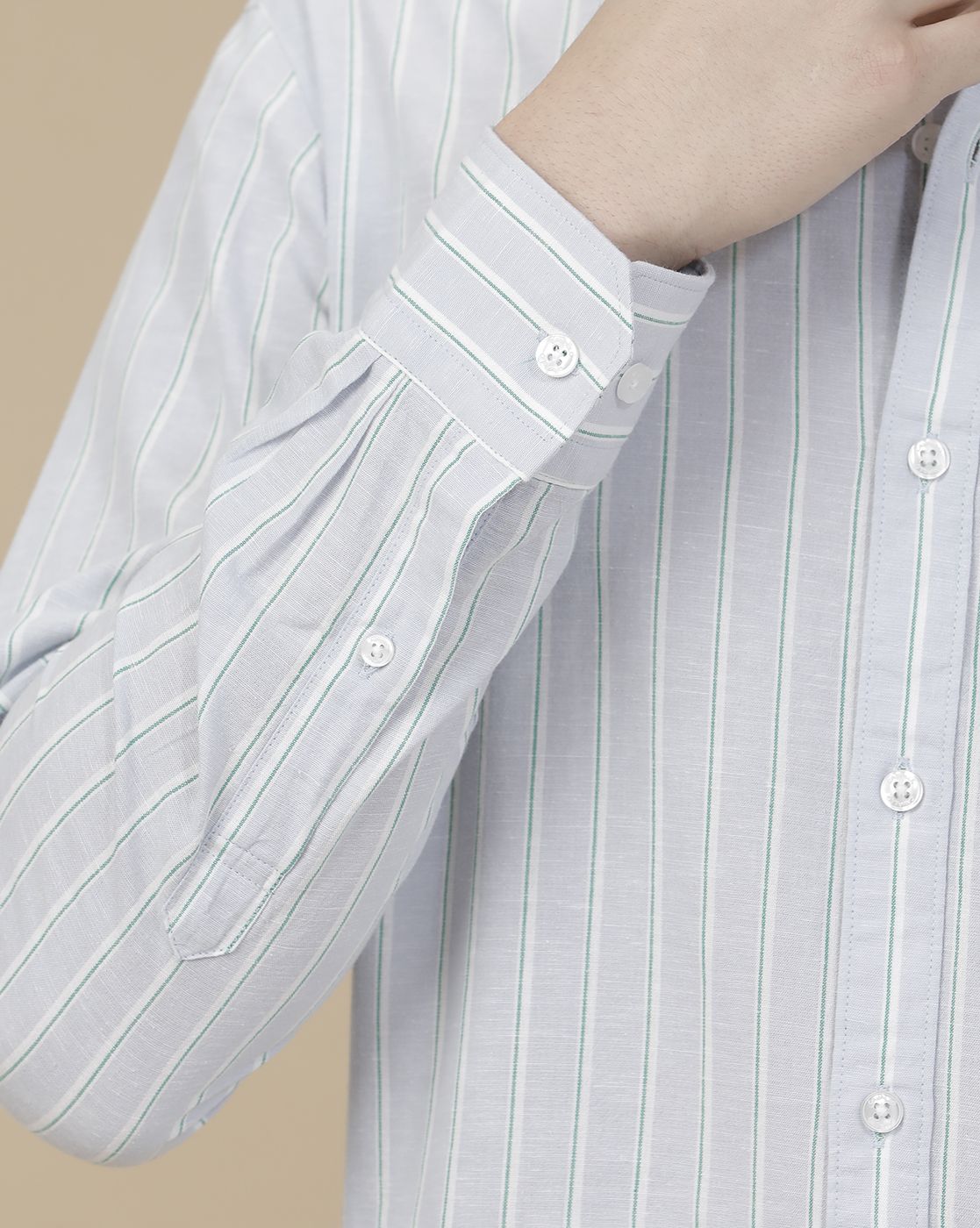 CAVALLO by Linen Club Men's Blended Linen Blue Striped Contemporary Fit Full Sleeve Casual Shirt