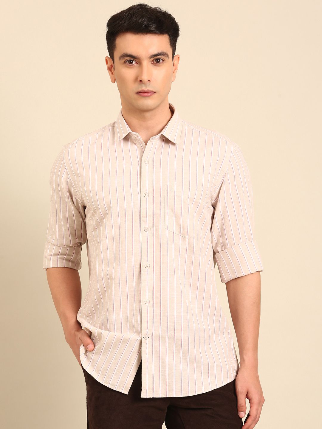 CAVALLO by Linen Club Men's Blended Linen Beige Striped Contemporary Fit Full Sleeve Casual Shirt