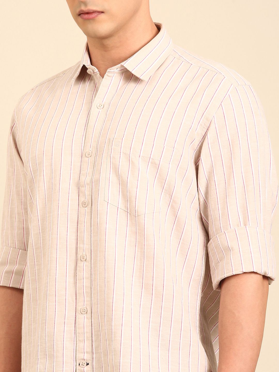 CAVALLO by Linen Club Men's Blended Linen Beige Striped Contemporary Fit Full Sleeve Casual Shirt