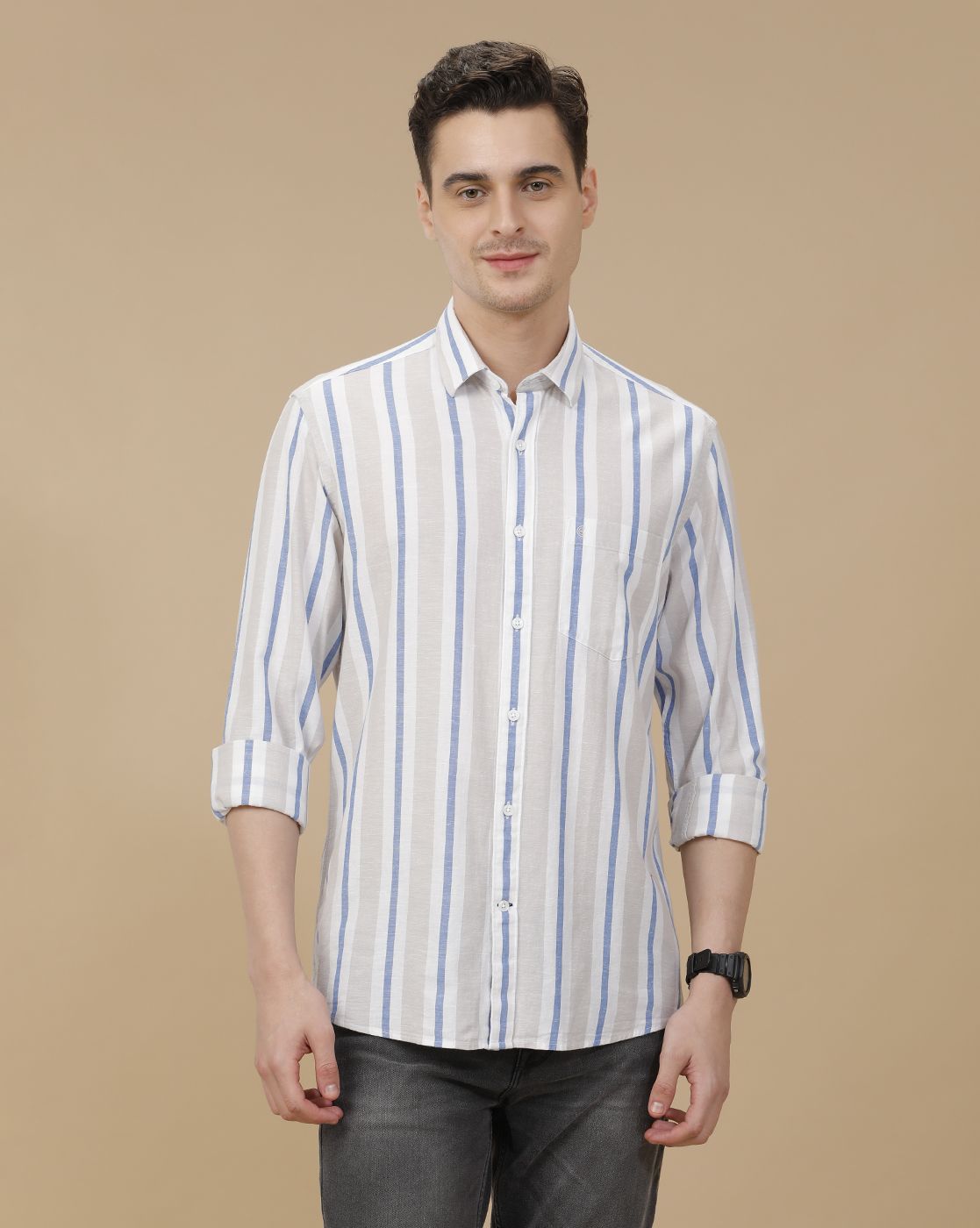 CAVALLO by Linen Club Men's Blended Linen Blue Striped Contemporary Fit Full Sleeve Casual Shirt