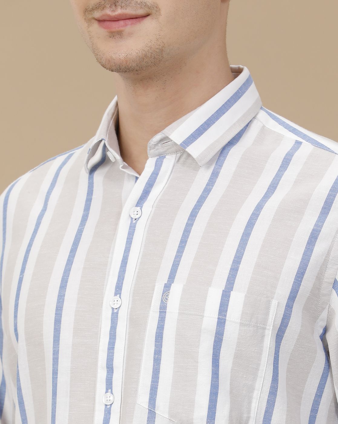 CAVALLO by Linen Club Men's Blended Linen Blue Striped Contemporary Fit Full Sleeve Casual Shirt