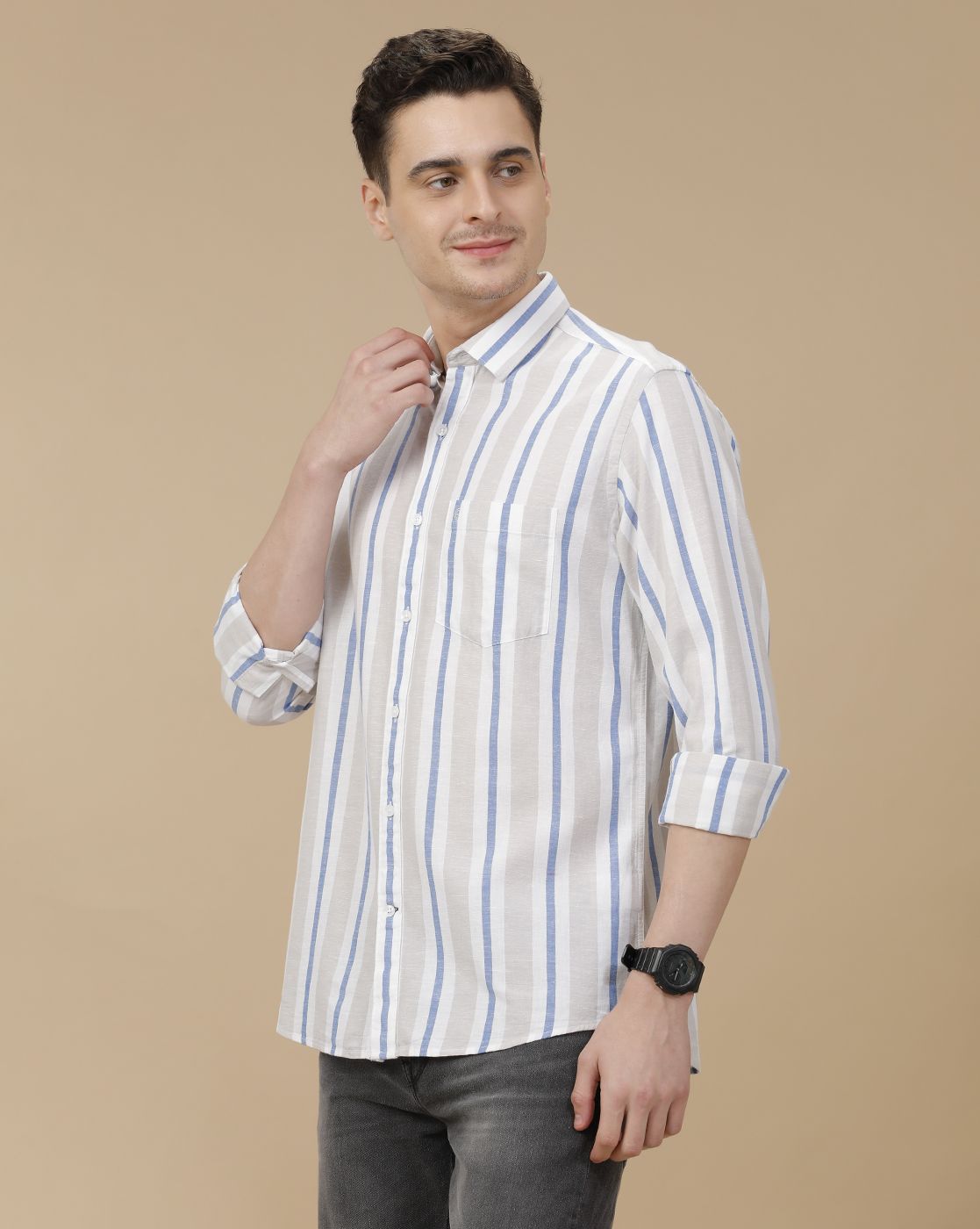 CAVALLO by Linen Club Men's Blended Linen Blue Striped Contemporary Fit Full Sleeve Casual Shirt