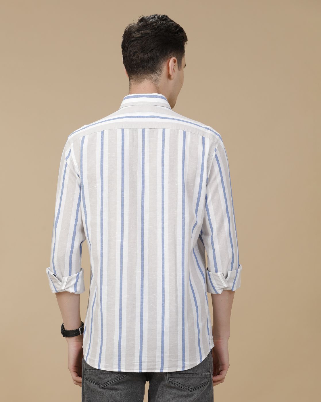 CAVALLO by Linen Club Men's Blended Linen Blue Striped Contemporary Fit Full Sleeve Casual Shirt