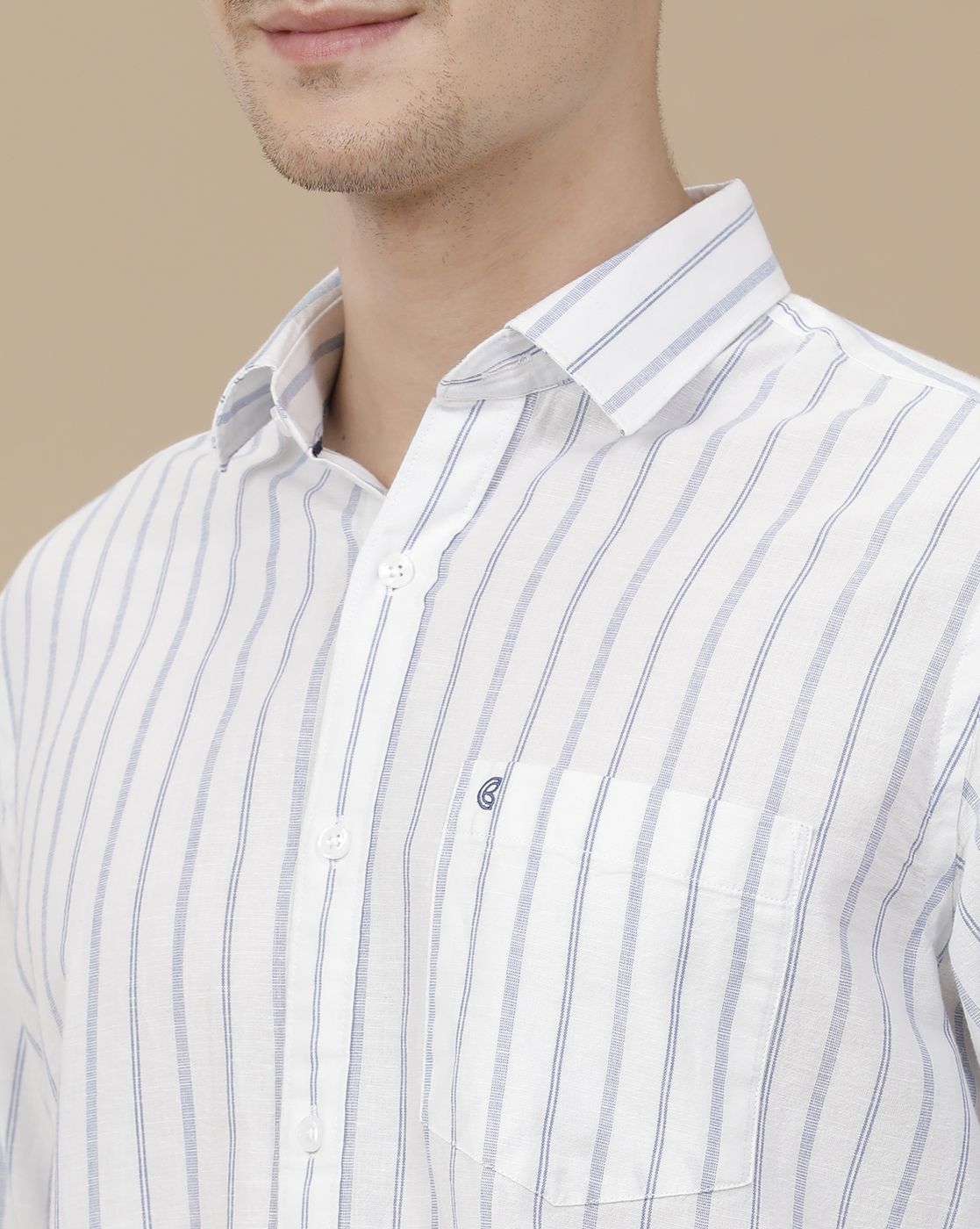 CAVALLO by Linen Club Men's Blended Linen Blue Striped Contemporary Fit Full Sleeve Casual Shirt