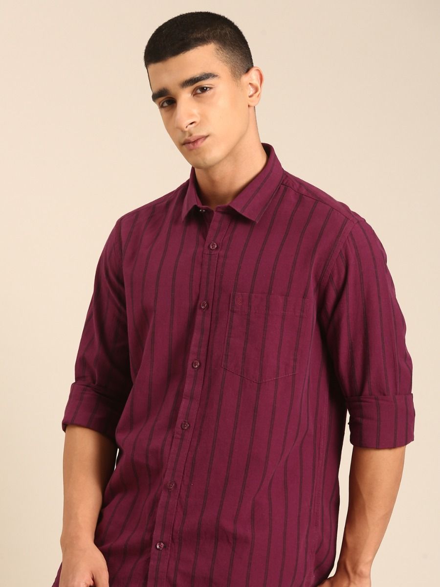 CAVALLO by Linen Club Men's Blended Linen Maroon Striped Contemporary Fit Full Sleeve Casual Shirt