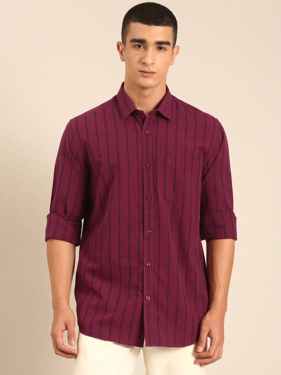 CAVALLO by Linen Club Men's Blended Linen Maroon Striped Contemporary Fit Full Sleeve Casual Shirt