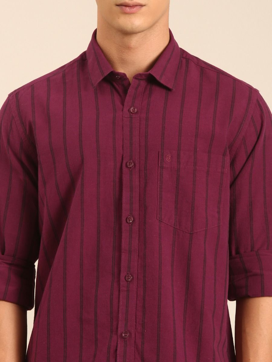 CAVALLO by Linen Club Men's Blended Linen Maroon Striped Contemporary Fit Full Sleeve Casual Shirt