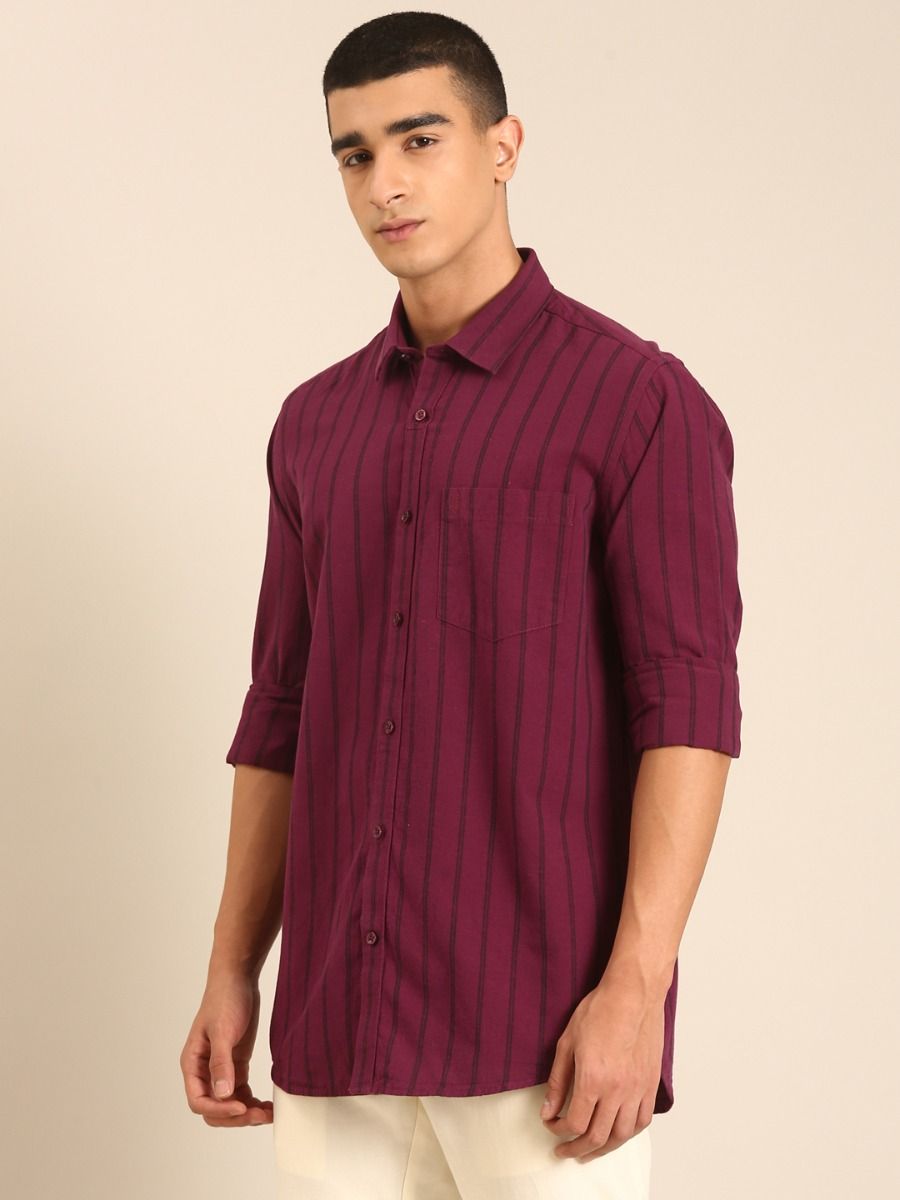 CAVALLO by Linen Club Men's Blended Linen Maroon Striped Contemporary Fit Full Sleeve Casual Shirt