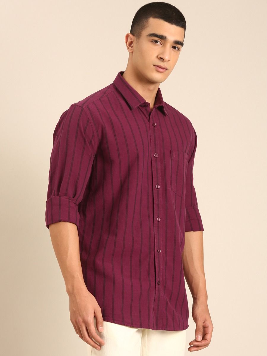 CAVALLO by Linen Club Men's Blended Linen Maroon Striped Contemporary Fit Full Sleeve Casual Shirt