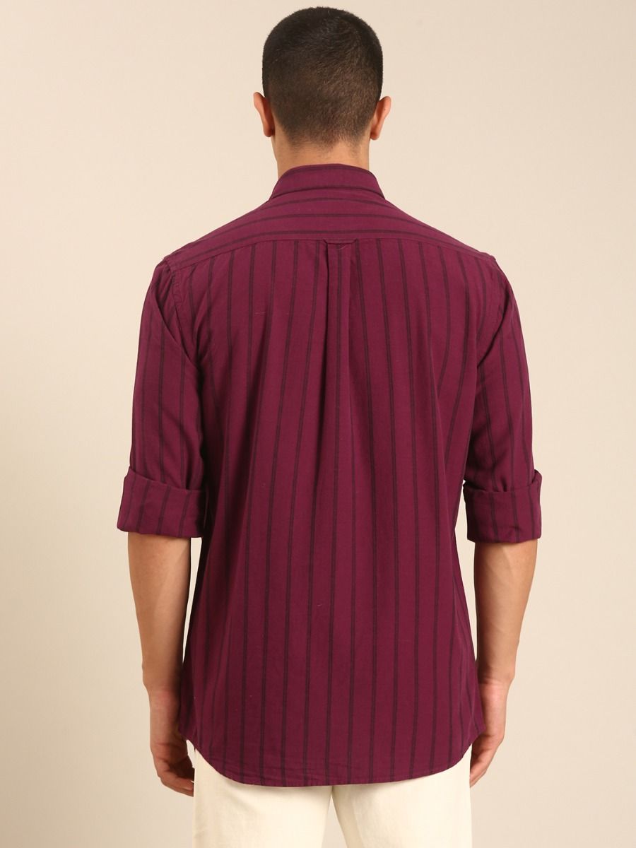 CAVALLO by Linen Club Men's Blended Linen Maroon Striped Contemporary Fit Full Sleeve Casual Shirt
