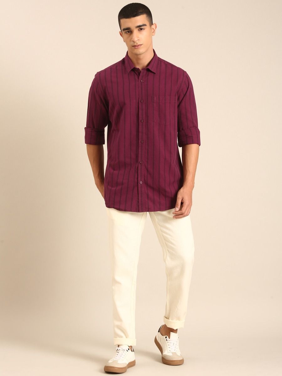 CAVALLO by Linen Club Men's Blended Linen Maroon Striped Contemporary Fit Full Sleeve Casual Shirt