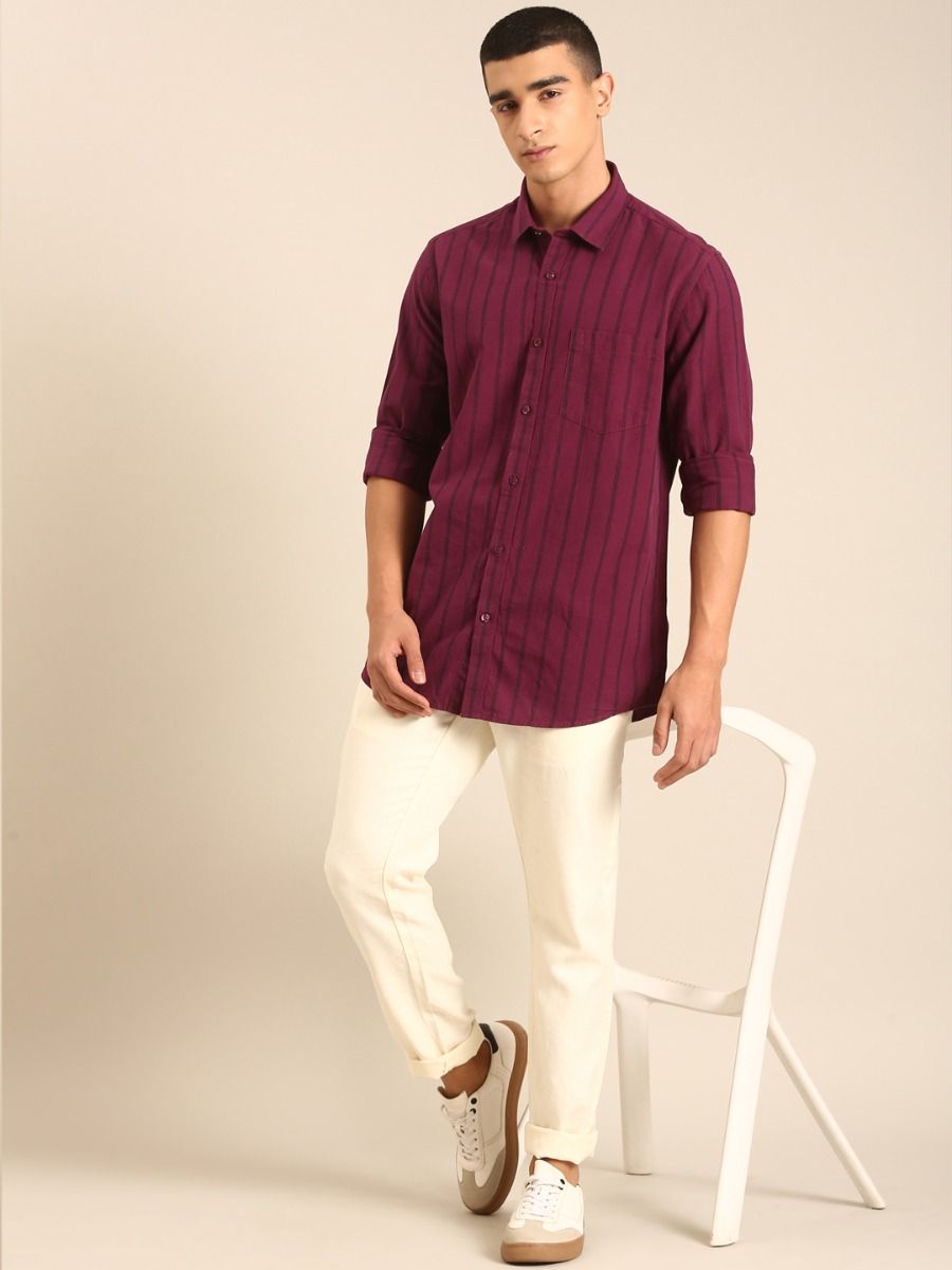 CAVALLO by Linen Club Men's Blended Linen Maroon Striped Contemporary Fit Full Sleeve Casual Shirt